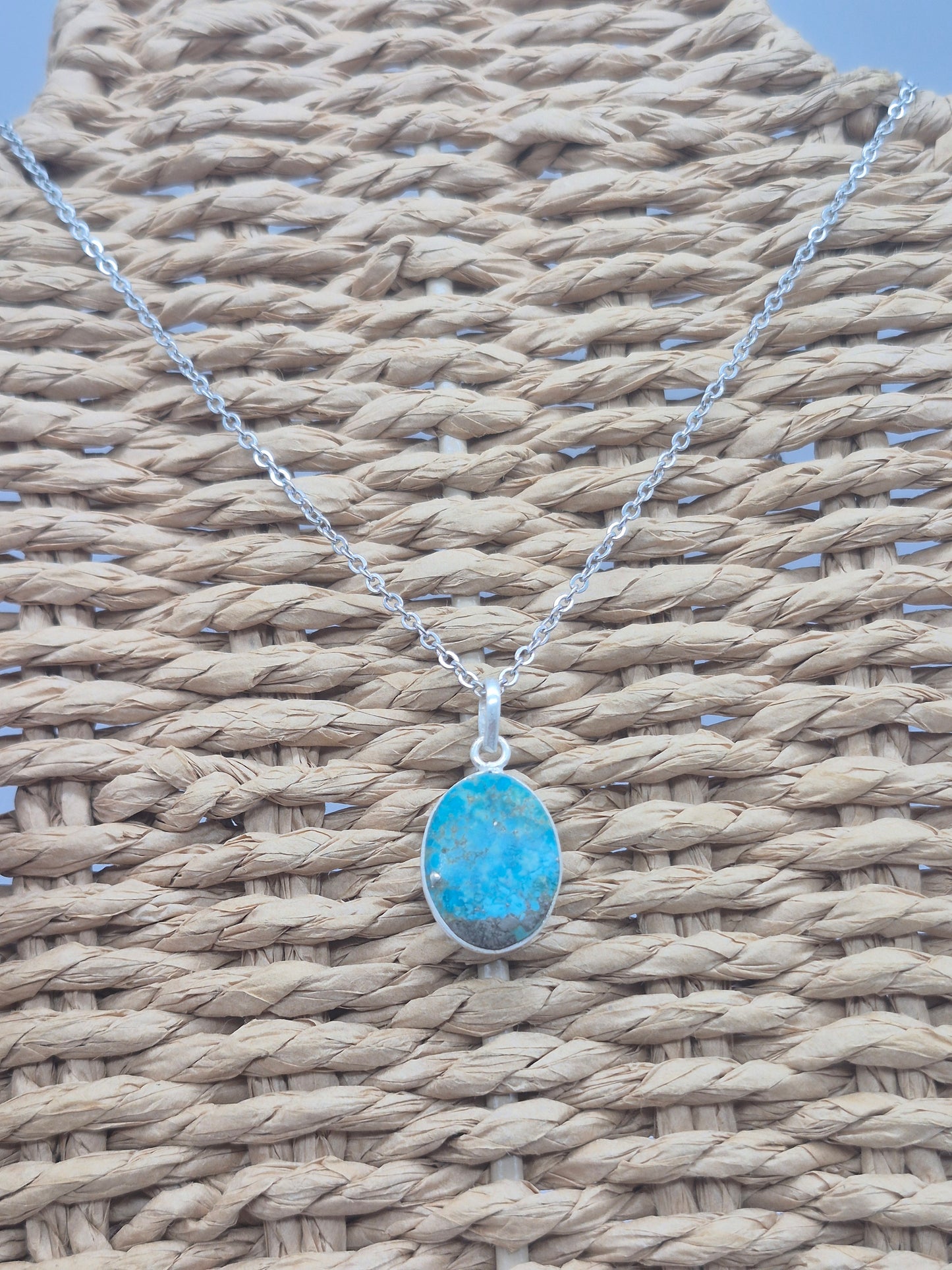 Authentic Natural Turquoise Silver Necklace with Steel Chain