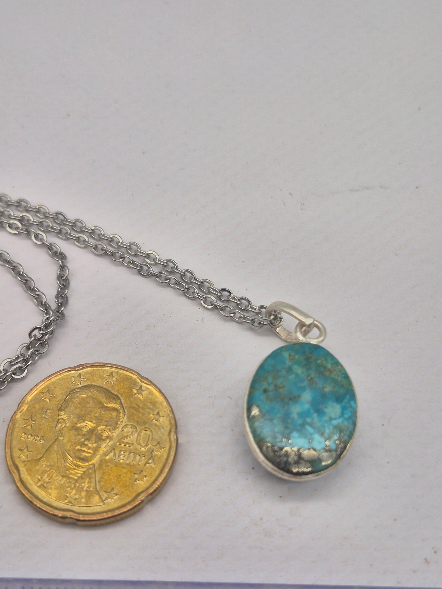 Authentic Natural Turquoise Silver Necklace with Steel Chain
