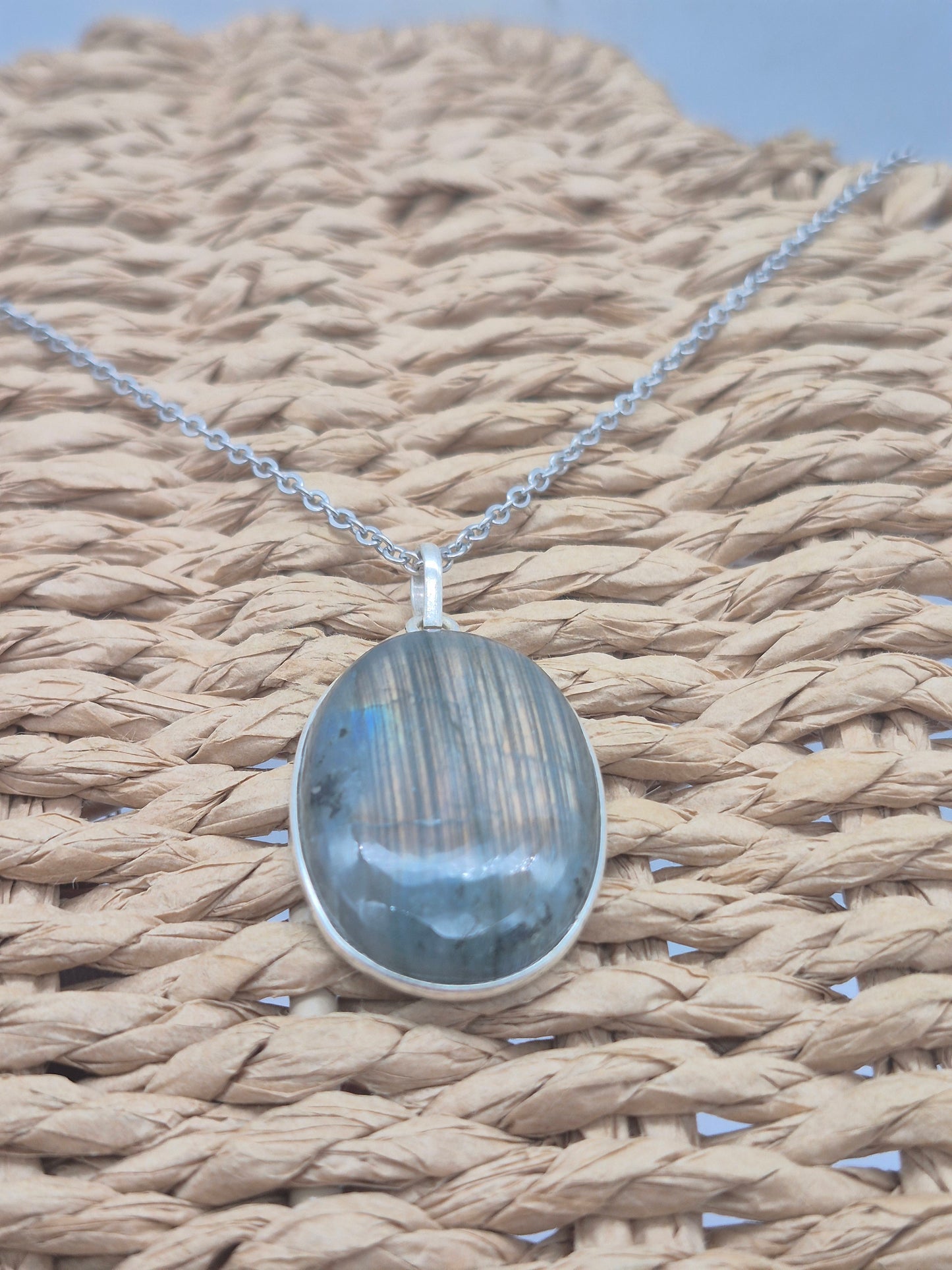 Labradorite Oval Shaped Silver 925 Necklace with Steel Chain