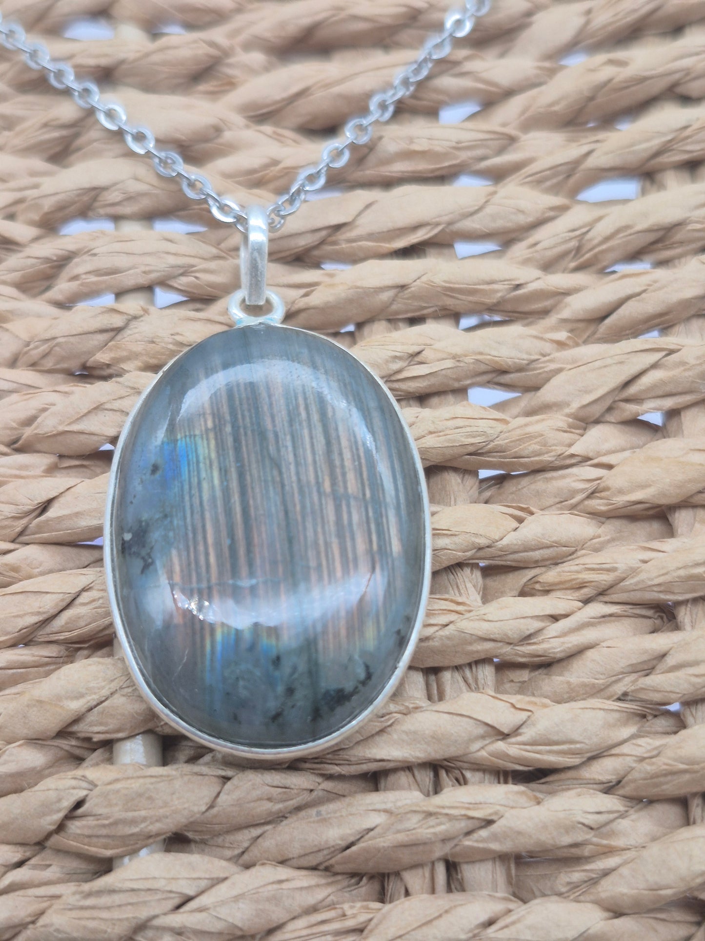 Labradorite Oval Shaped Silver 925 Necklace with Steel Chain