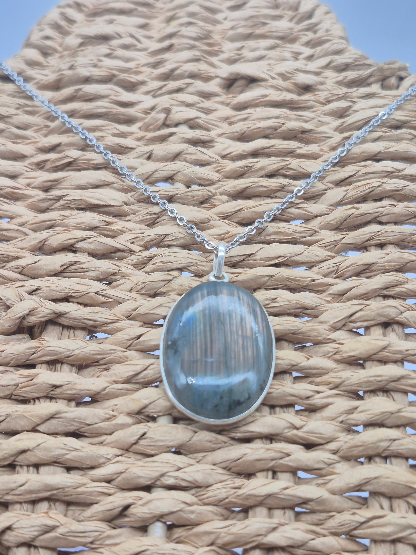 Labradorite Oval Shaped Silver 925 Necklace with Steel Chain