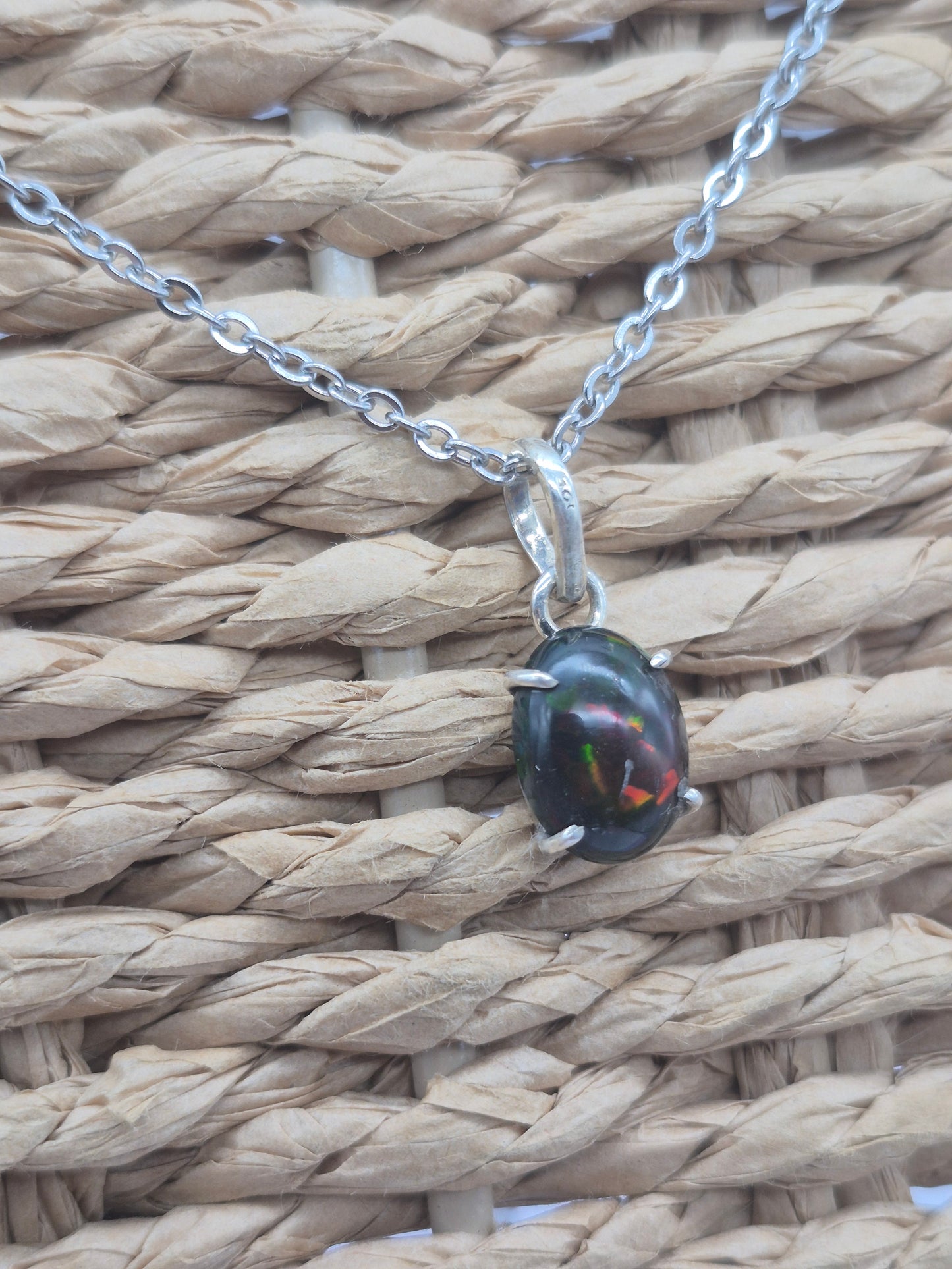 Black Fire Opal Australian Silver 925 Necklace (RARE)