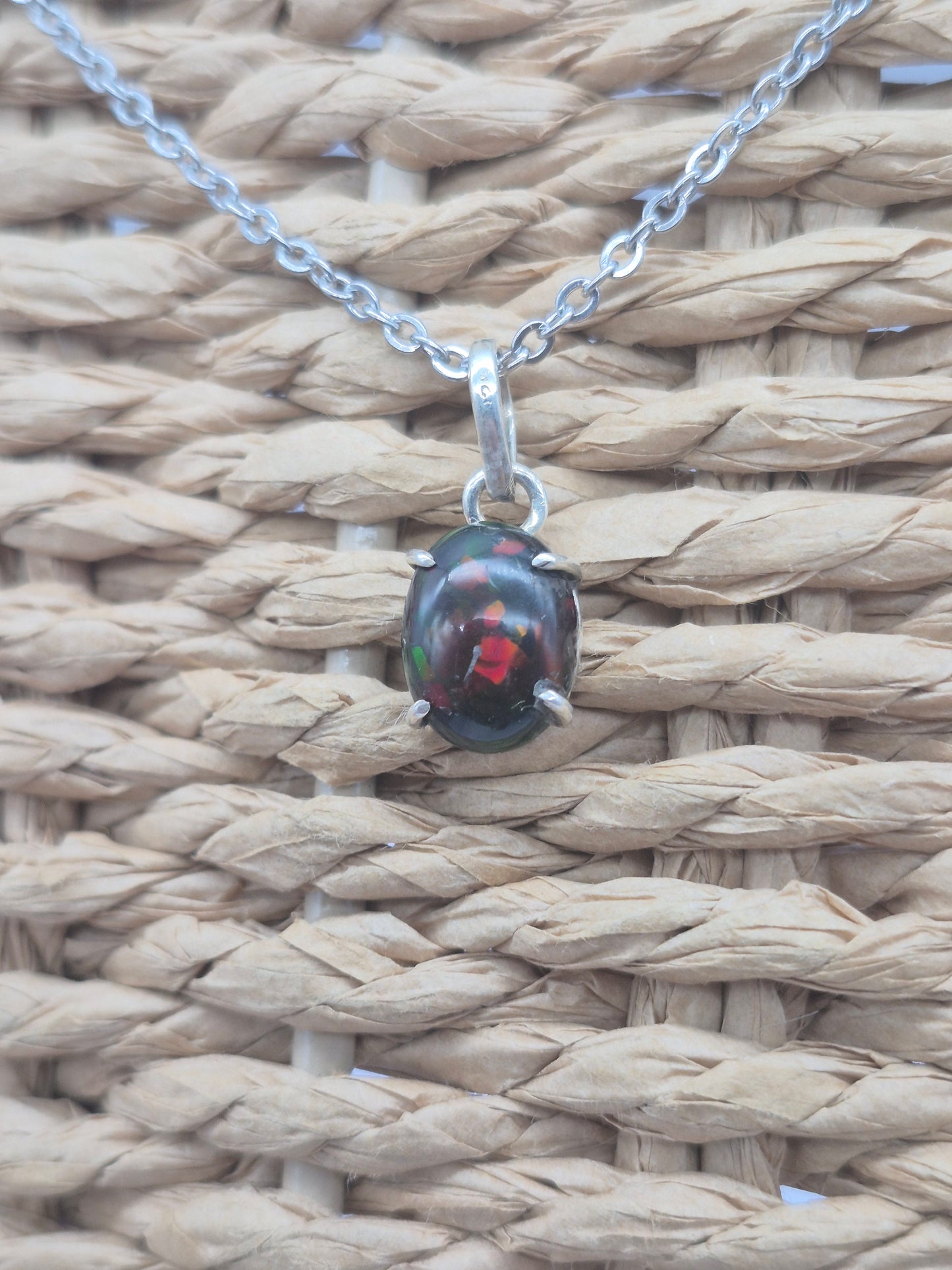 Black Fire Opal Australian Silver 925 Necklace (RARE)