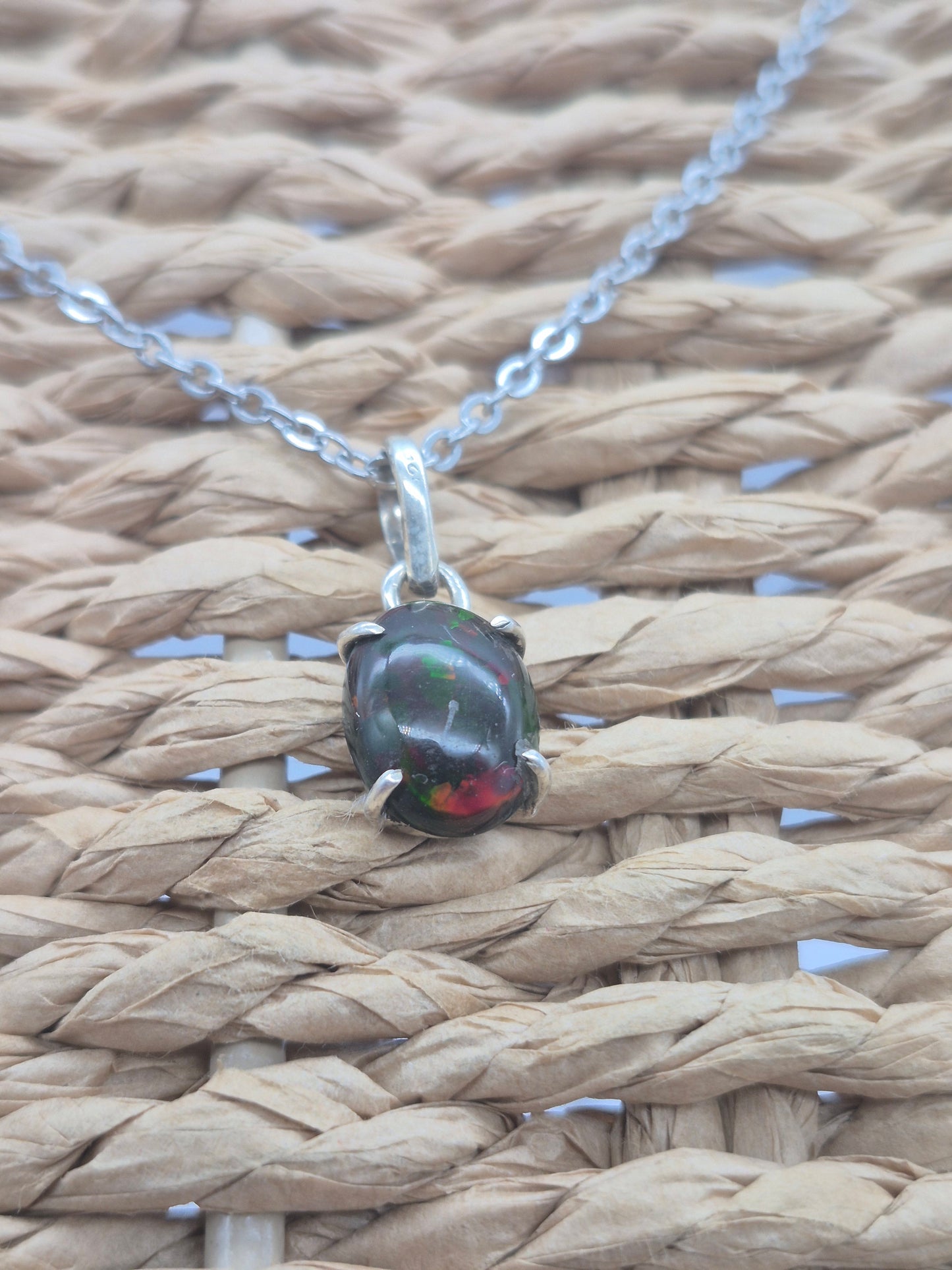 Black Fire Opal Australian Silver 925 Necklace (RARE)