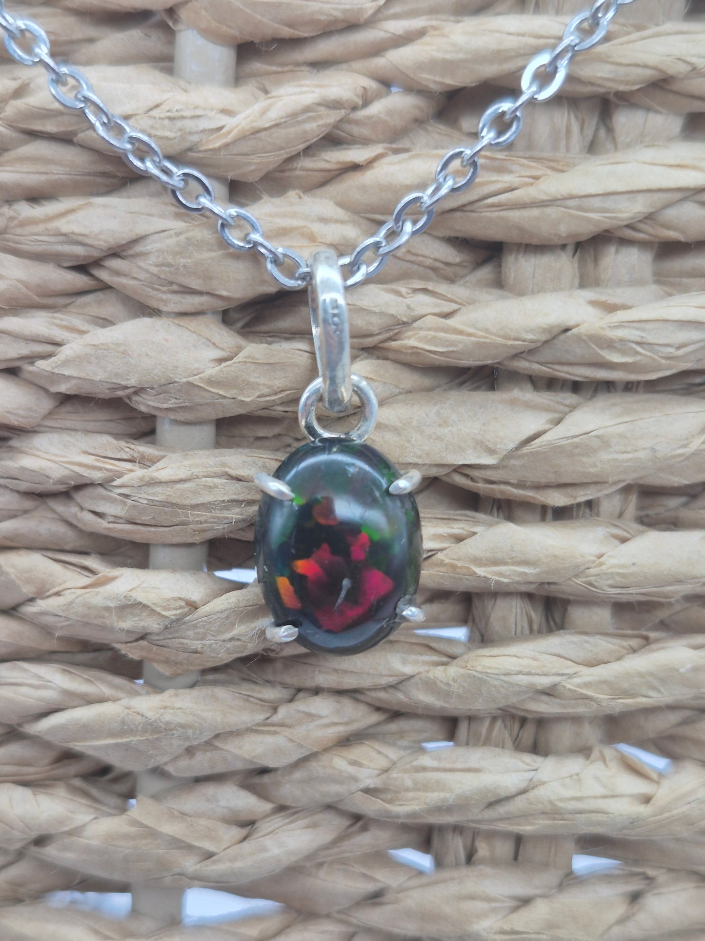 Black Fire Opal Australian Silver 925 Necklace (RARE)