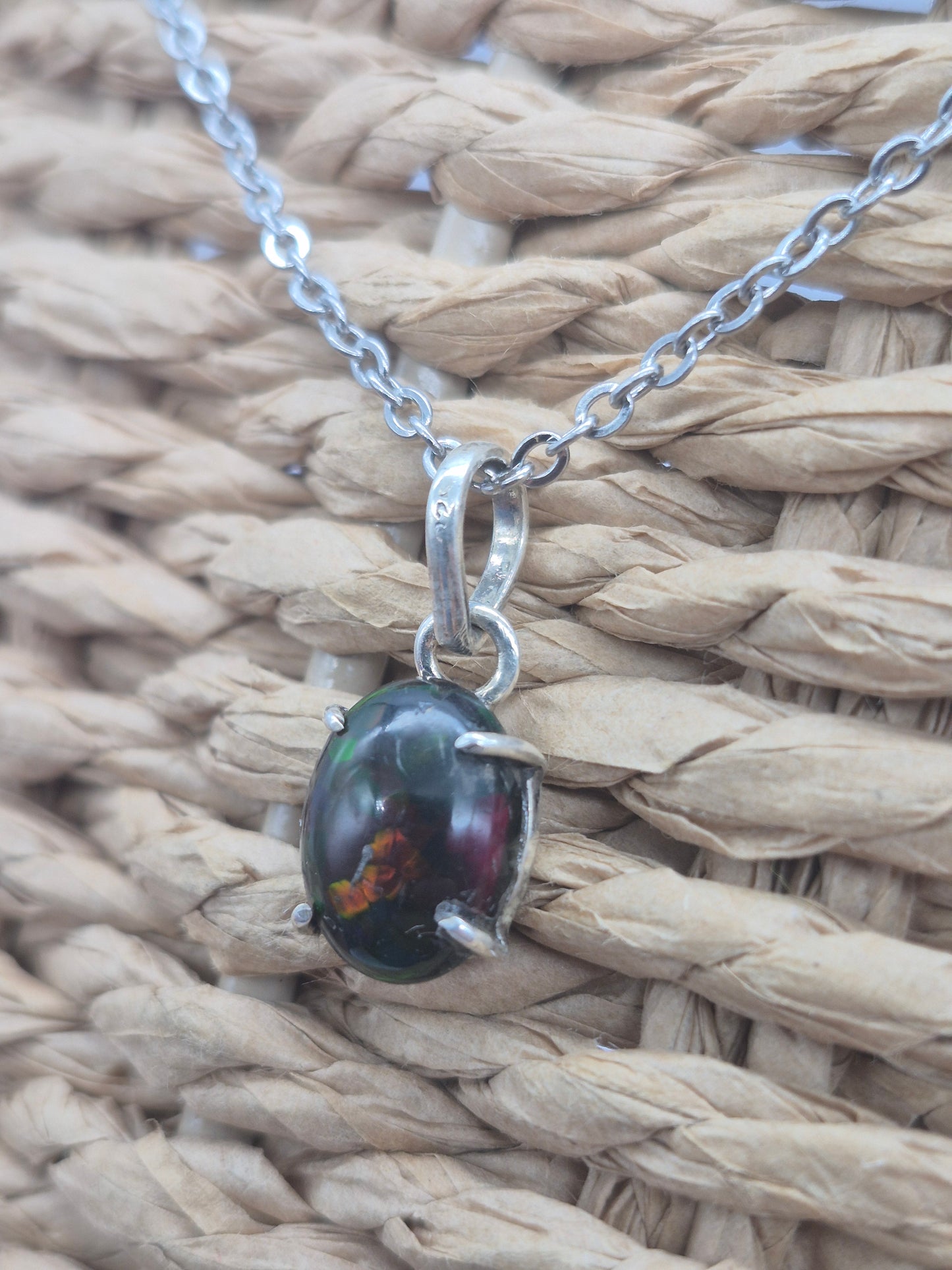 Black Fire Opal Australian Silver 925 Necklace (RARE)