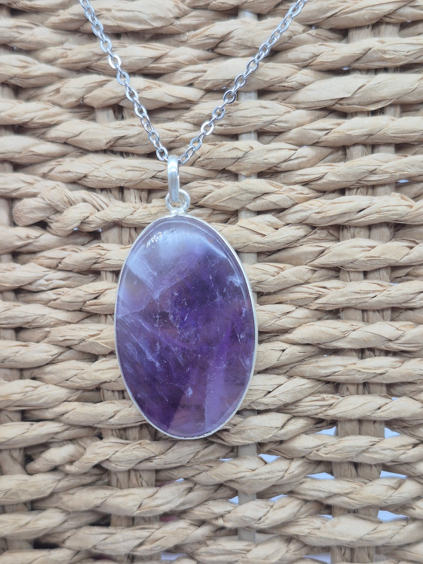 Amethyst Silver 925  Oval Pendant - Cabochon Crystal Necklace
