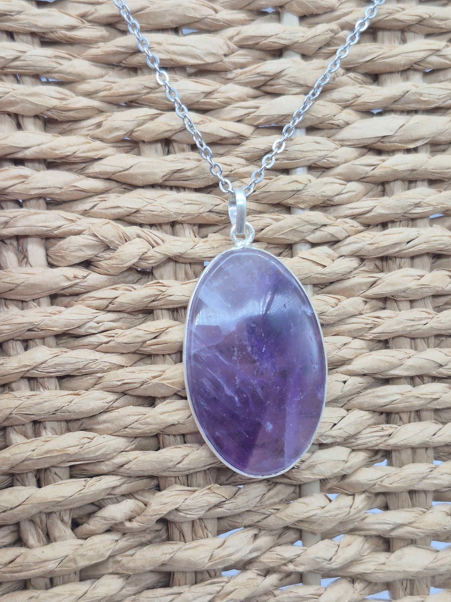 Amethyst Silver 925  Oval Pendant - Cabochon Crystal Necklace