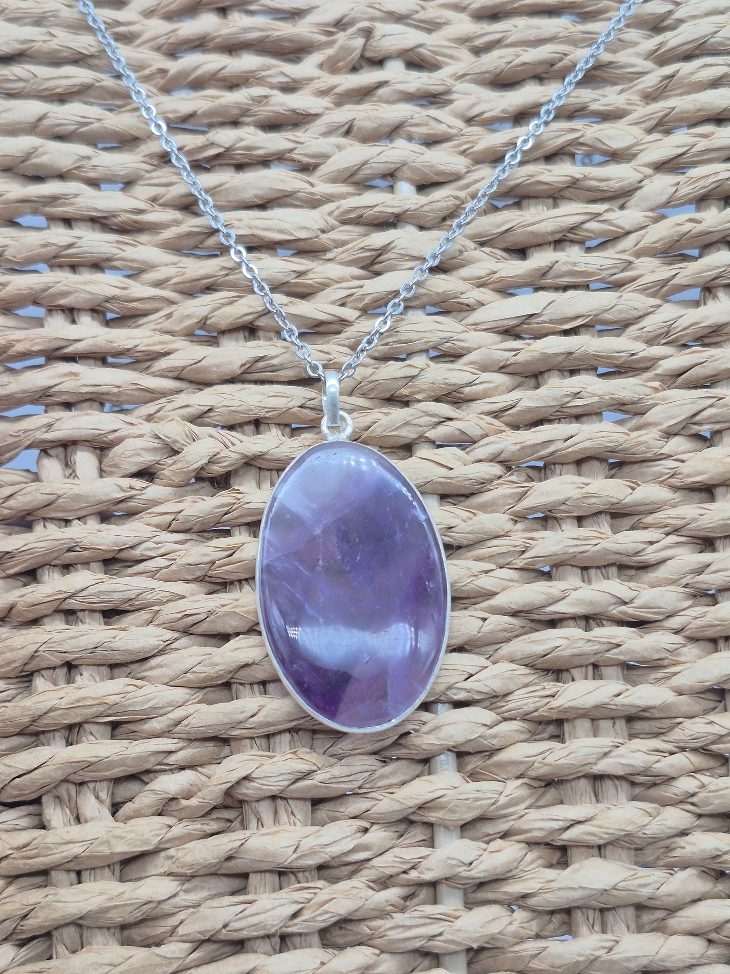 Amethyst Silver 925  Oval Pendant - Cabochon Crystal Necklace