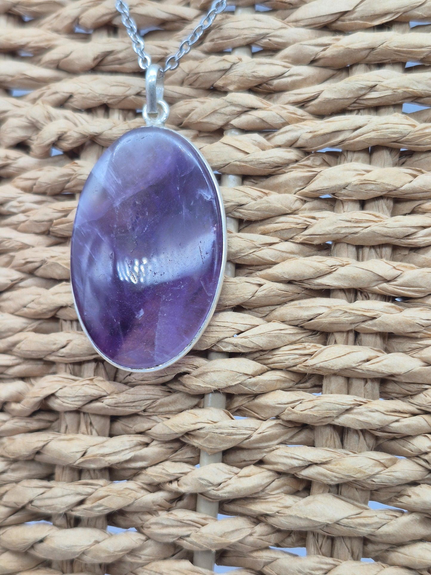 Amethyst Silver 925  Oval Pendant - Cabochon Crystal Necklace