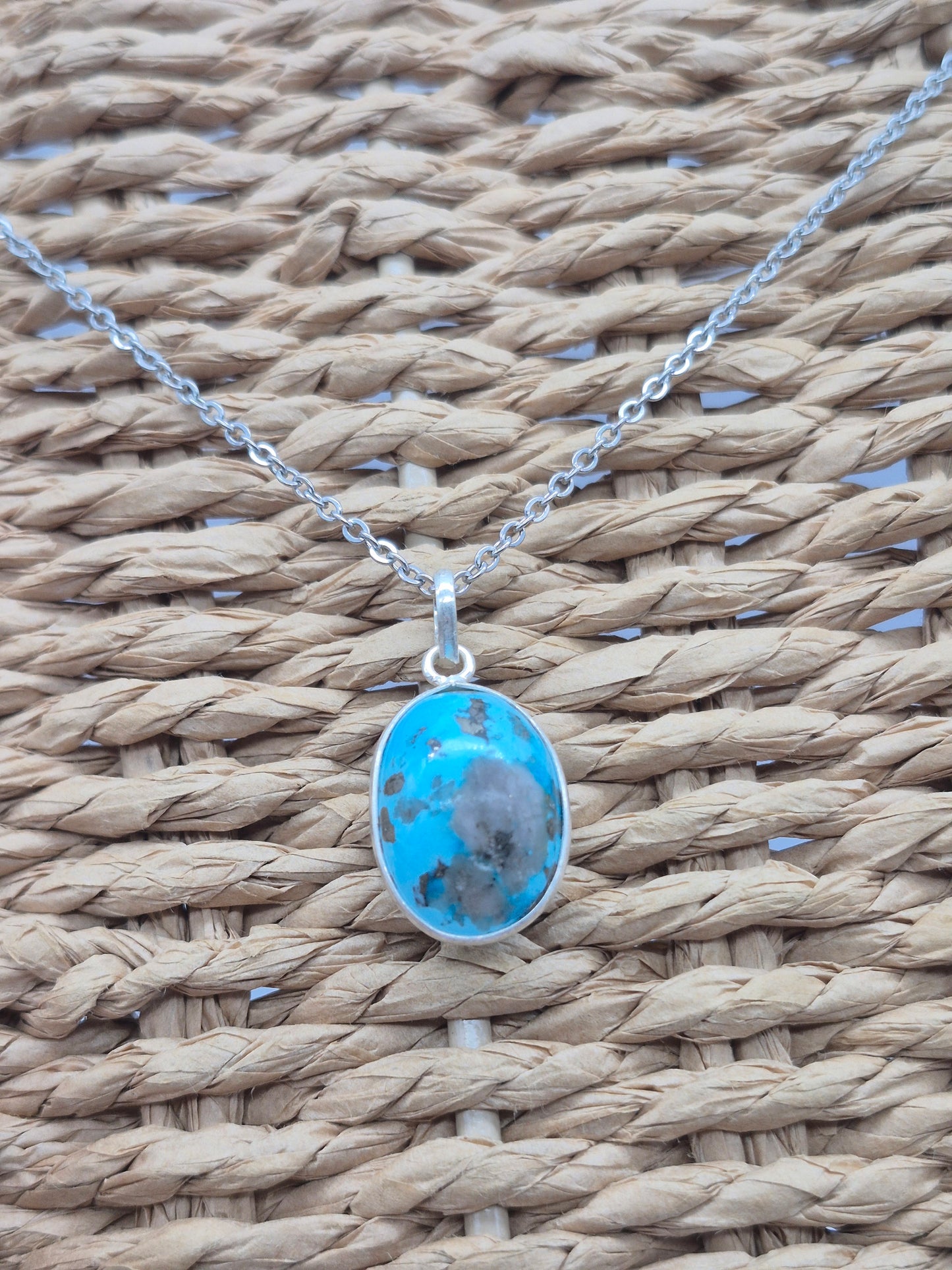 Turquoise Silver Necklace with Steel Chain