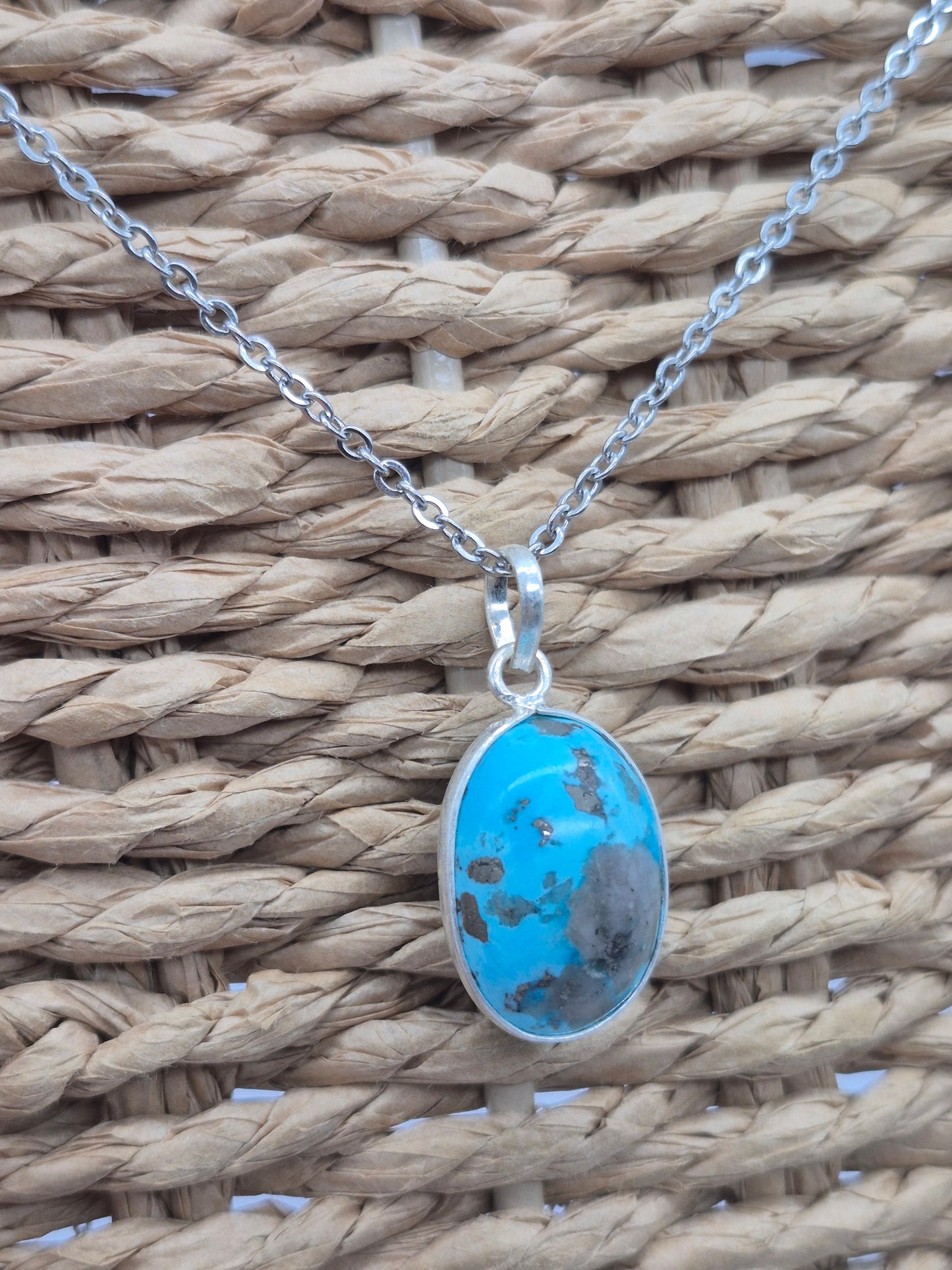 Turquoise Silver Necklace with Steel Chain