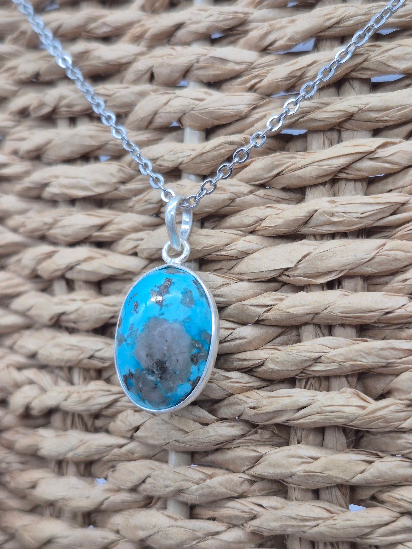 Turquoise Silver Necklace with Steel Chain
