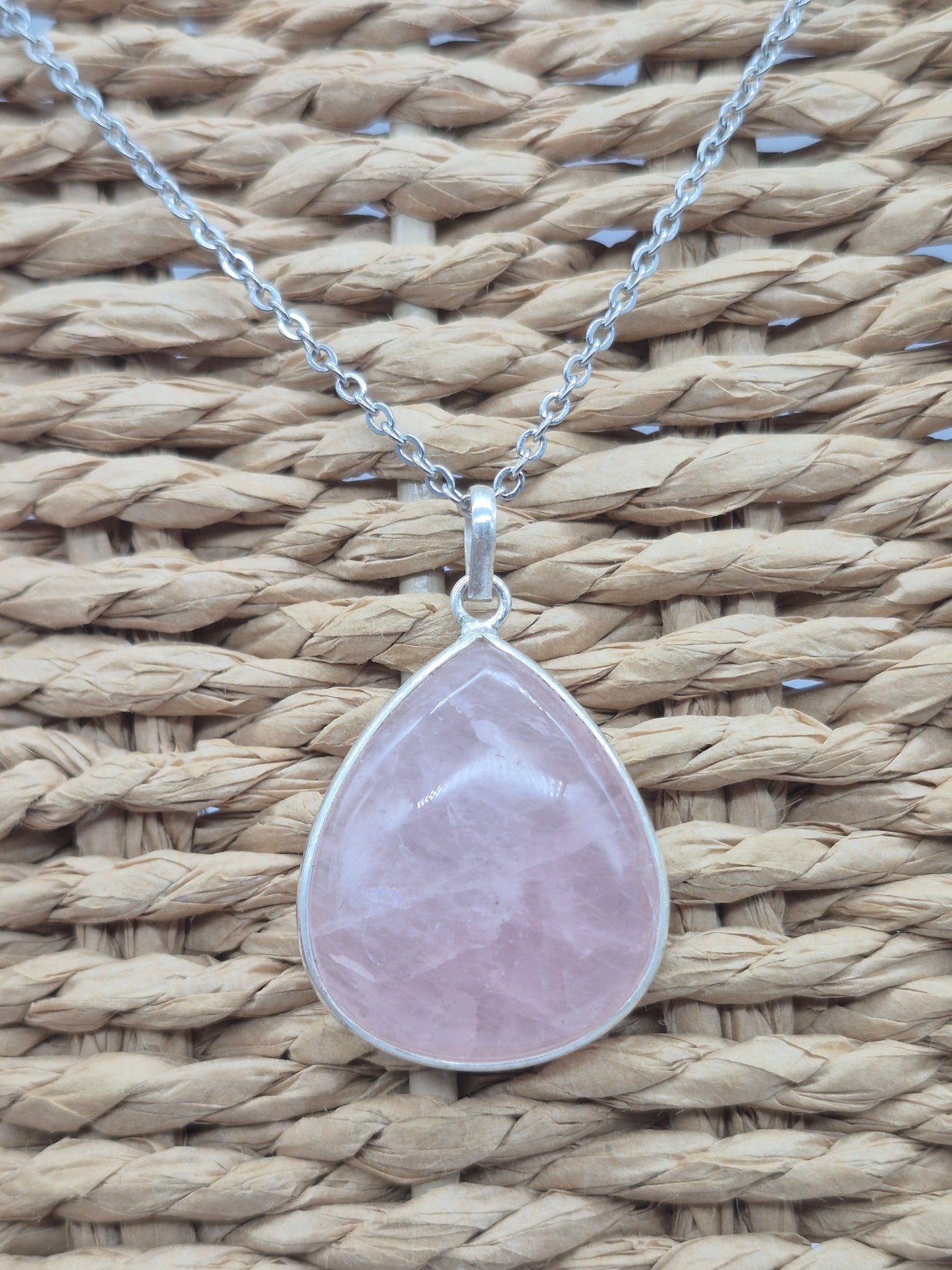 Rose Quartz Silver Necklace: Crystal Pendant with Stainless Steel Chain