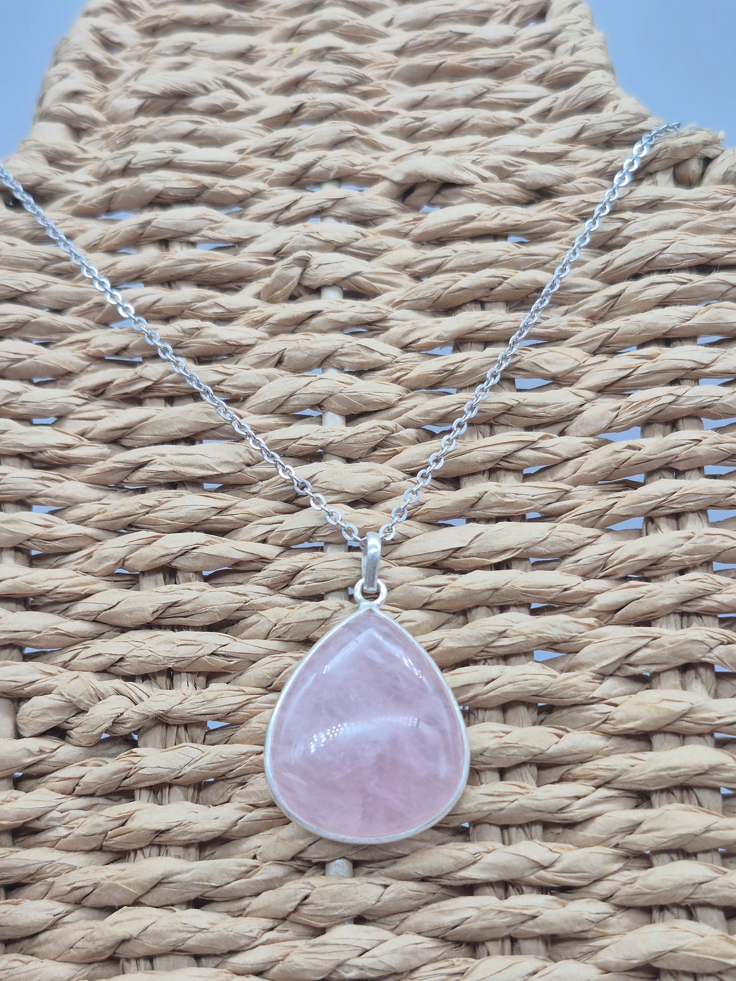 Rose Quartz Silver Necklace: Crystal Pendant with Stainless Steel Chain