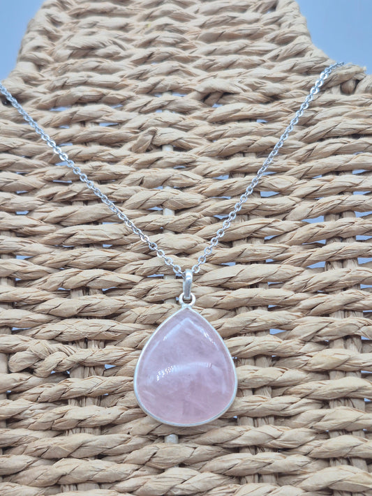 Rose Quartz Silver Necklace: Crystal Pendant with Stainless Steel Chain