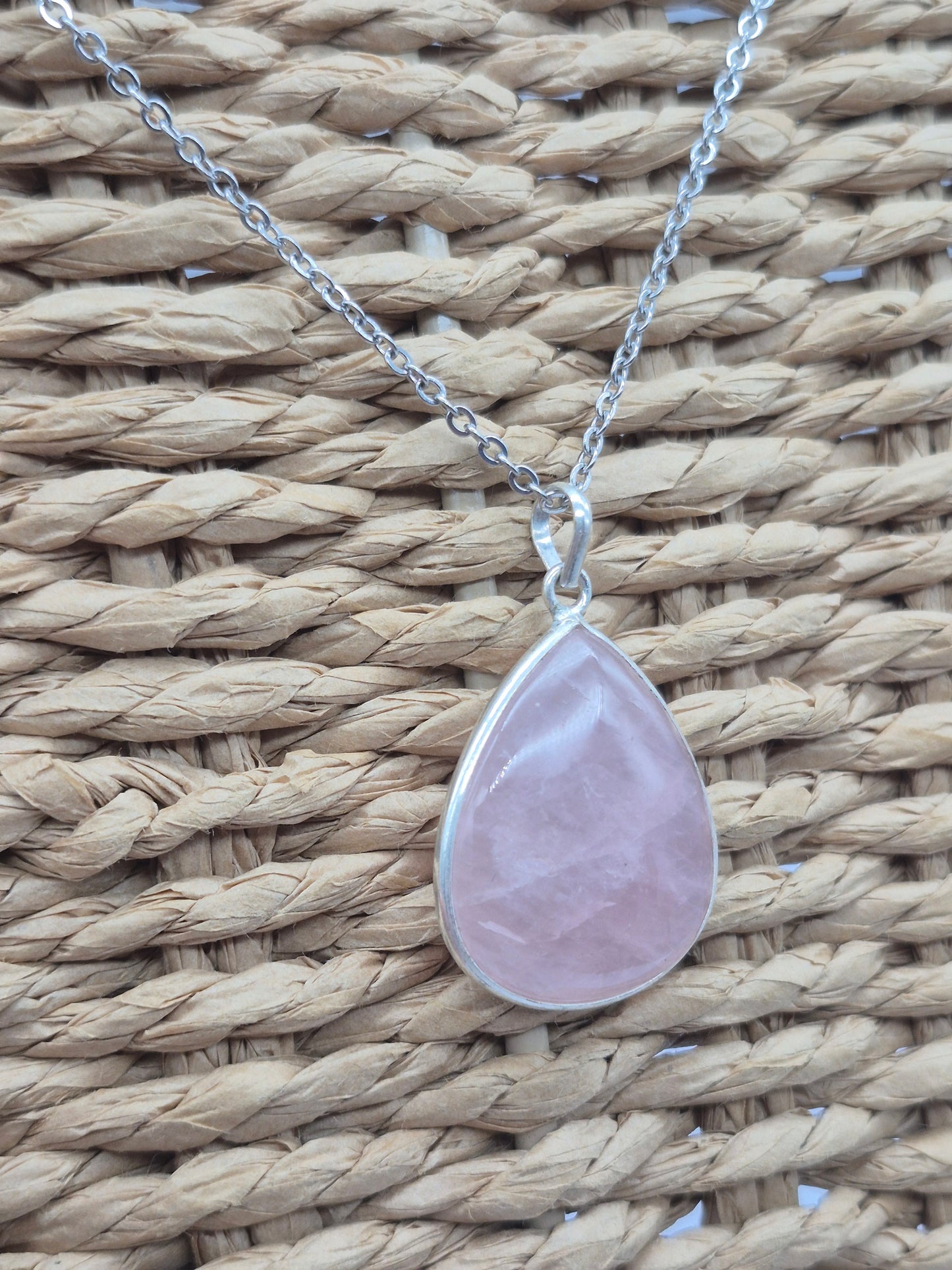 Rose Quartz Silver Necklace: Crystal Pendant with Stainless Steel Chain