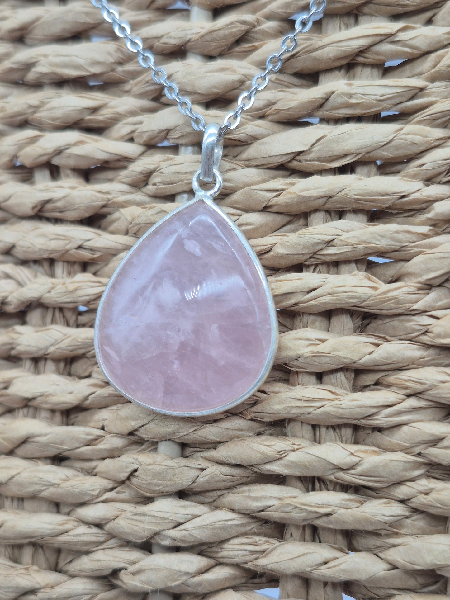 Rose Quartz Silver Necklace: Crystal Pendant with Stainless Steel Chain