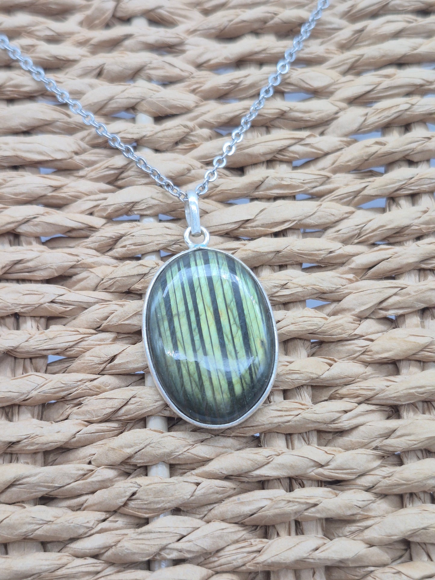 Labradorite Oval Shaped Silver 925 Necklace with Steel Chain