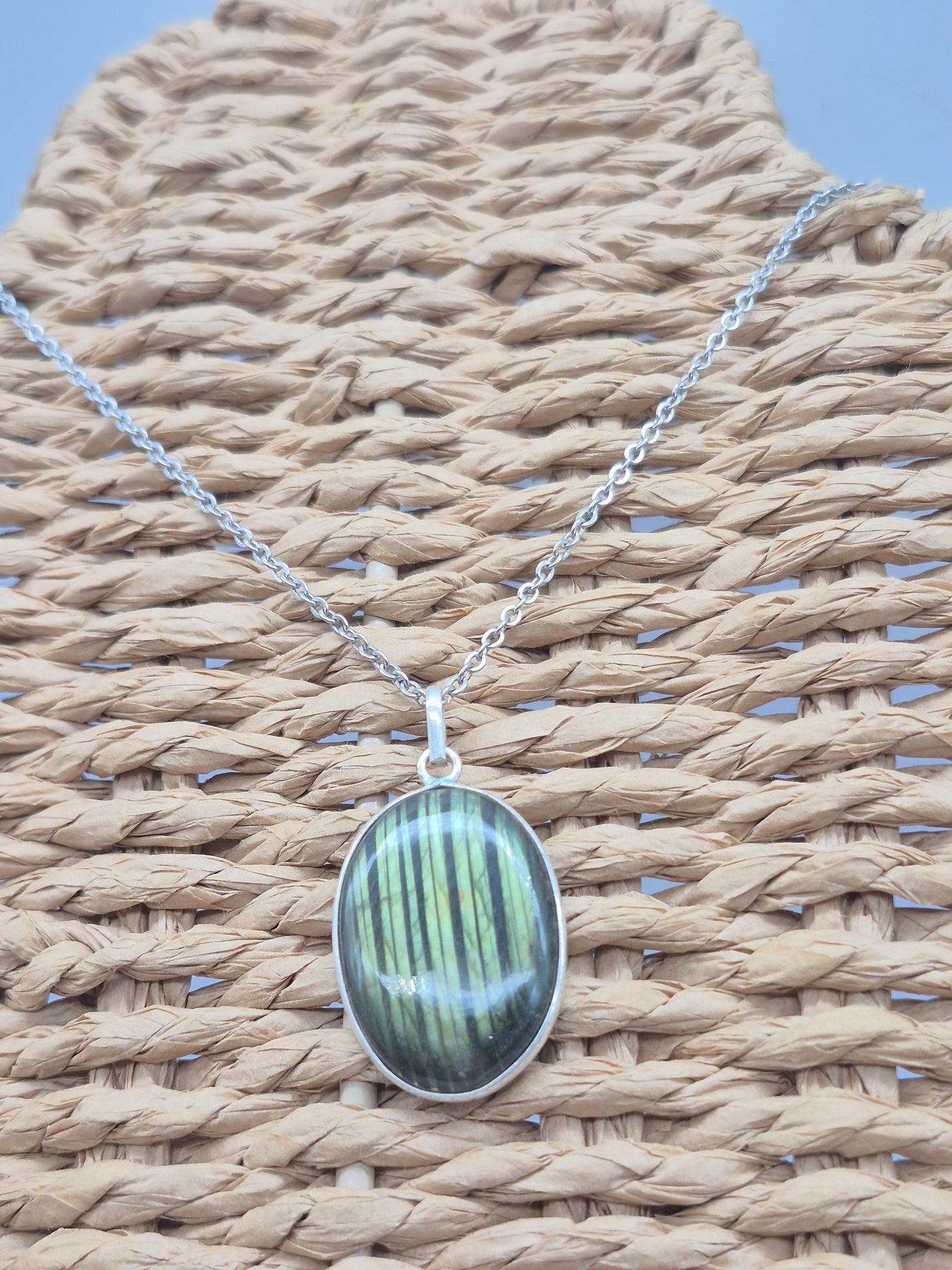Labradorite Oval Shaped Silver 925 Necklace with Steel Chain