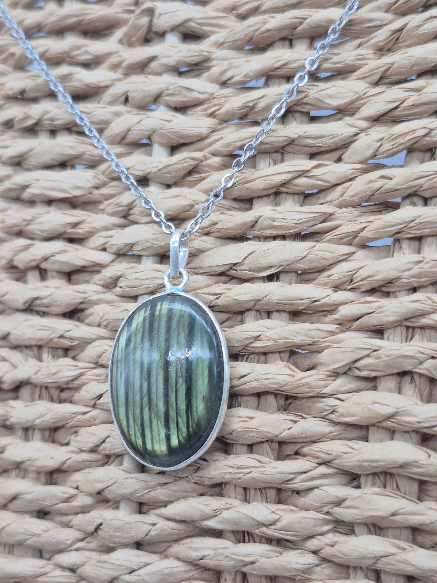 Labradorite Oval Shaped Silver 925 Necklace with Steel Chain