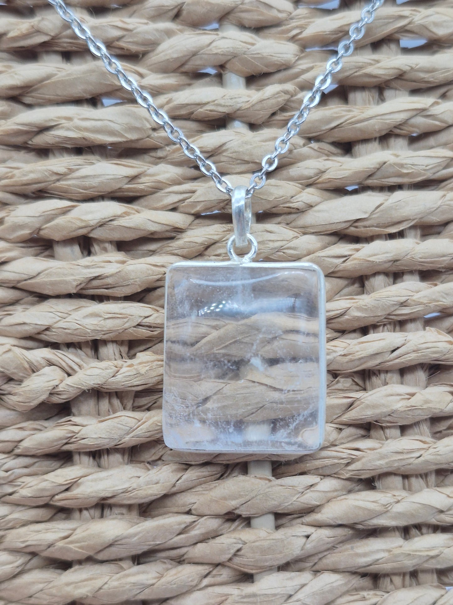 Clear Quartz Necklace – Crystal Pendant in Silver Bezel with Stainless Steel Chain
