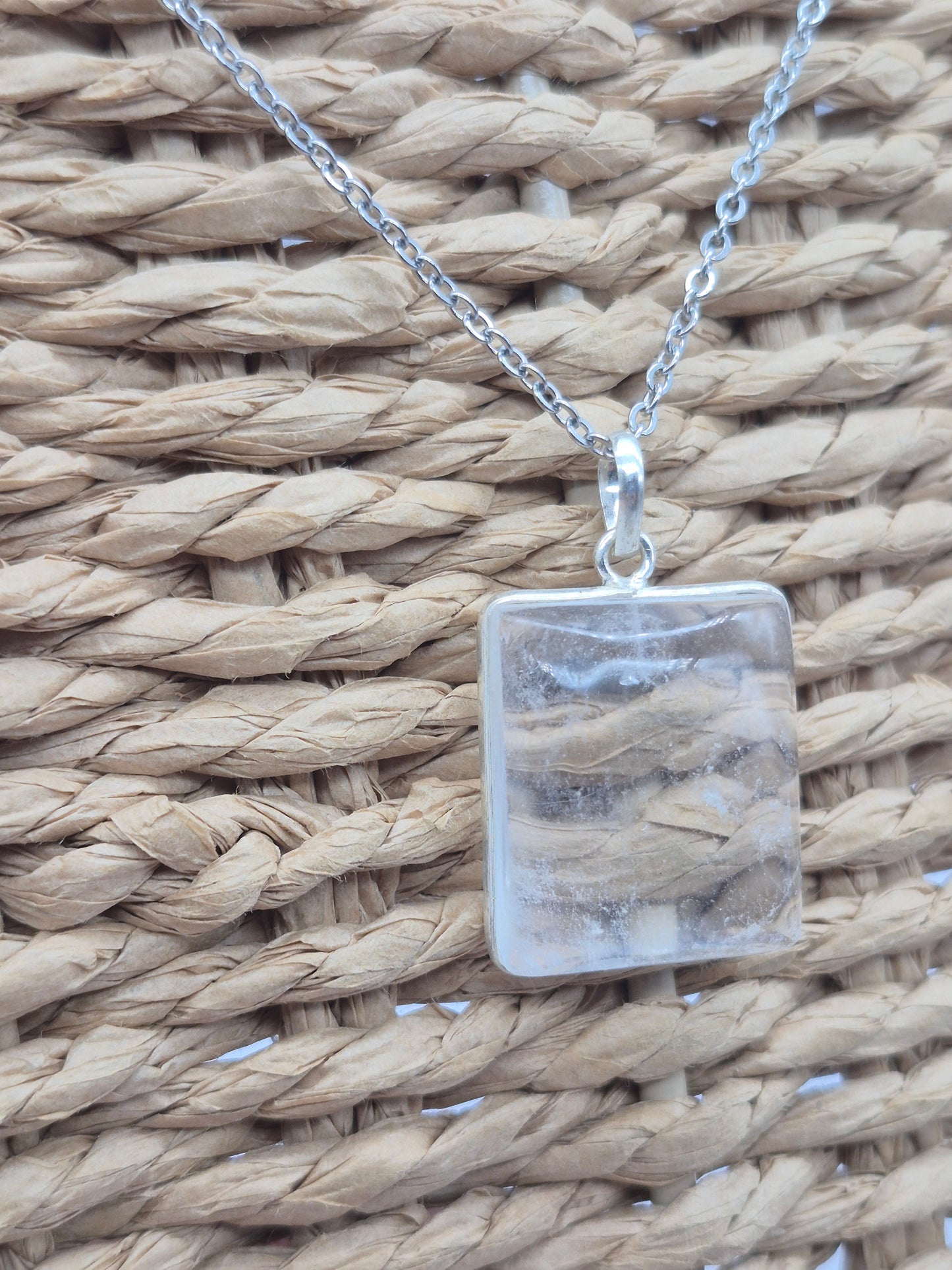Clear Quartz Necklace – Crystal Pendant in Silver Bezel with Stainless Steel Chain