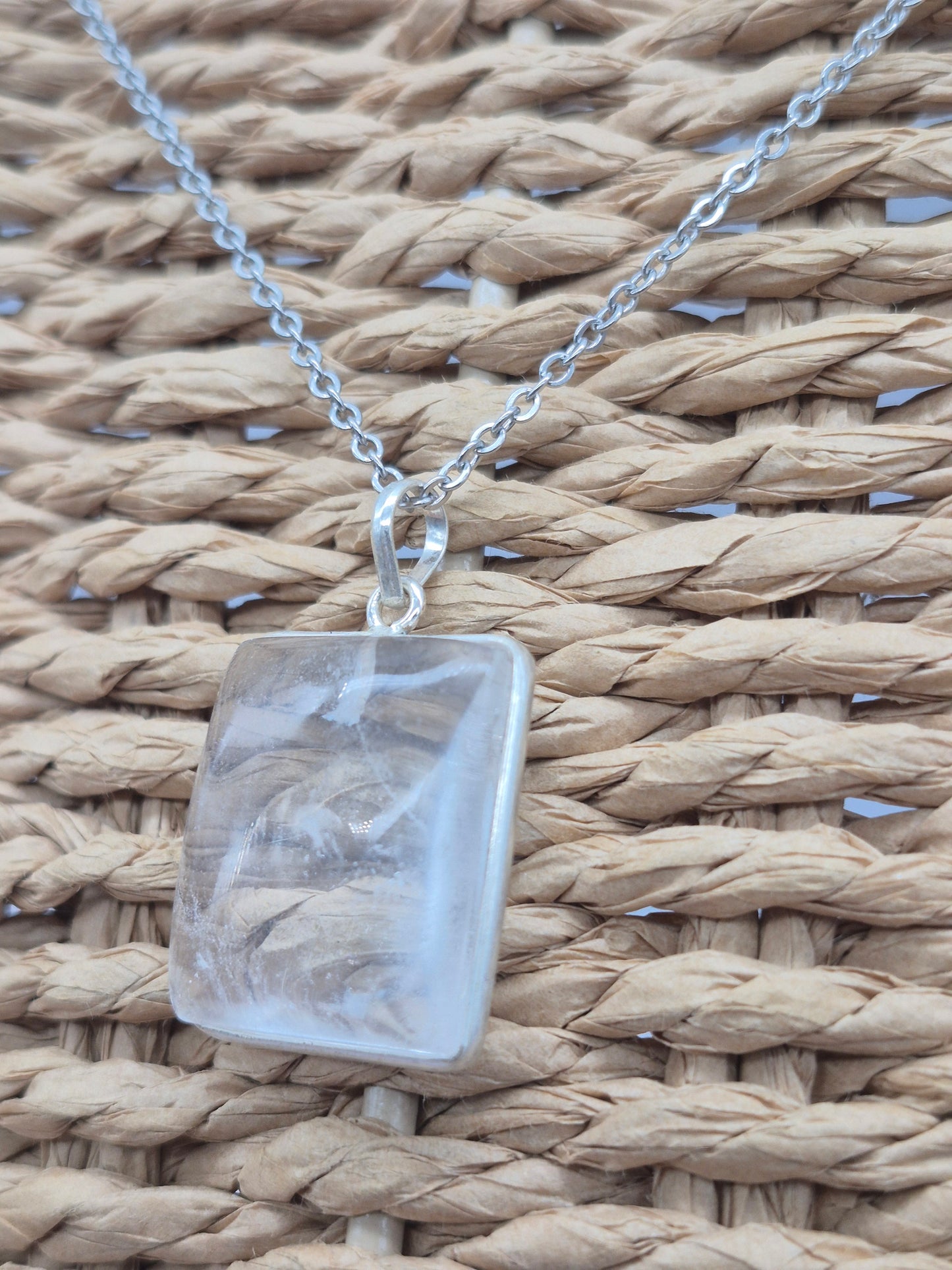Clear Quartz Necklace – Crystal Pendant in Silver Bezel with Stainless Steel Chain