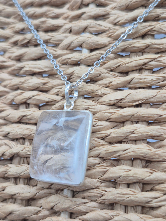 Clear Quartz Necklace – Crystal Pendant in Silver Bezel with Stainless Steel Chain