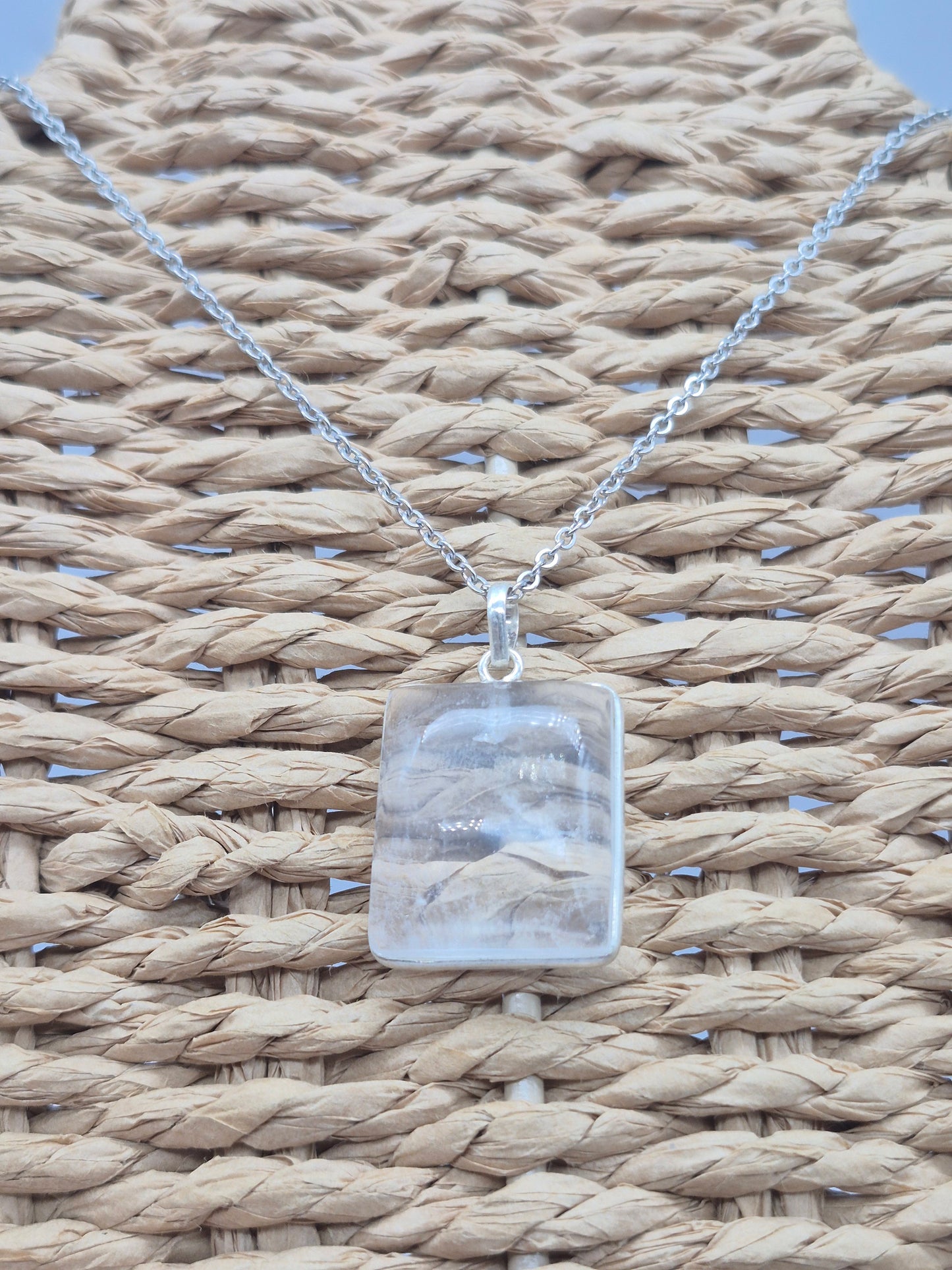 Clear Quartz Necklace – Crystal Pendant in Silver Bezel with Stainless Steel Chain