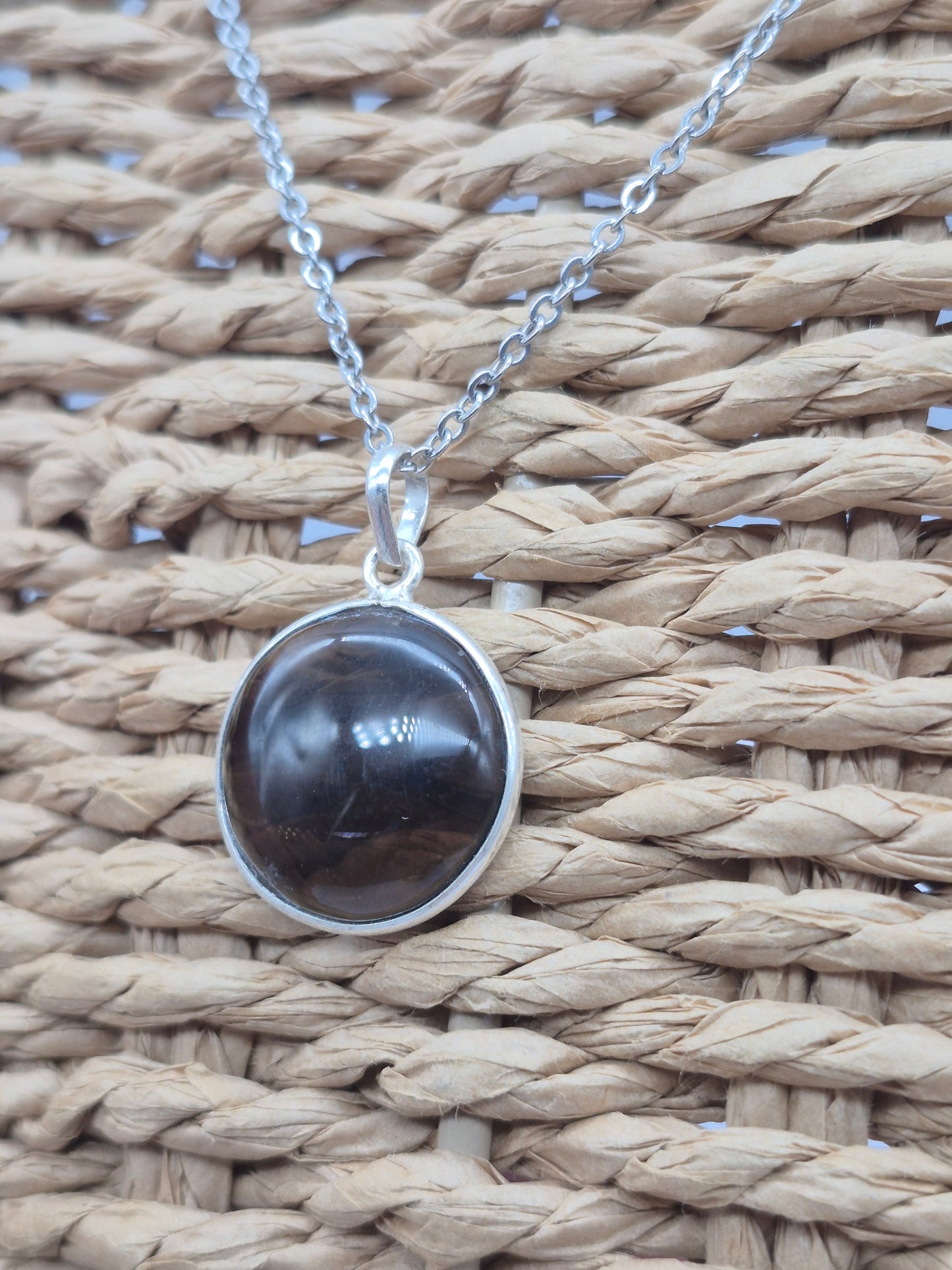 Smoked Quartz  Silver 925 Round Pendant Oval Cabochon Crystal