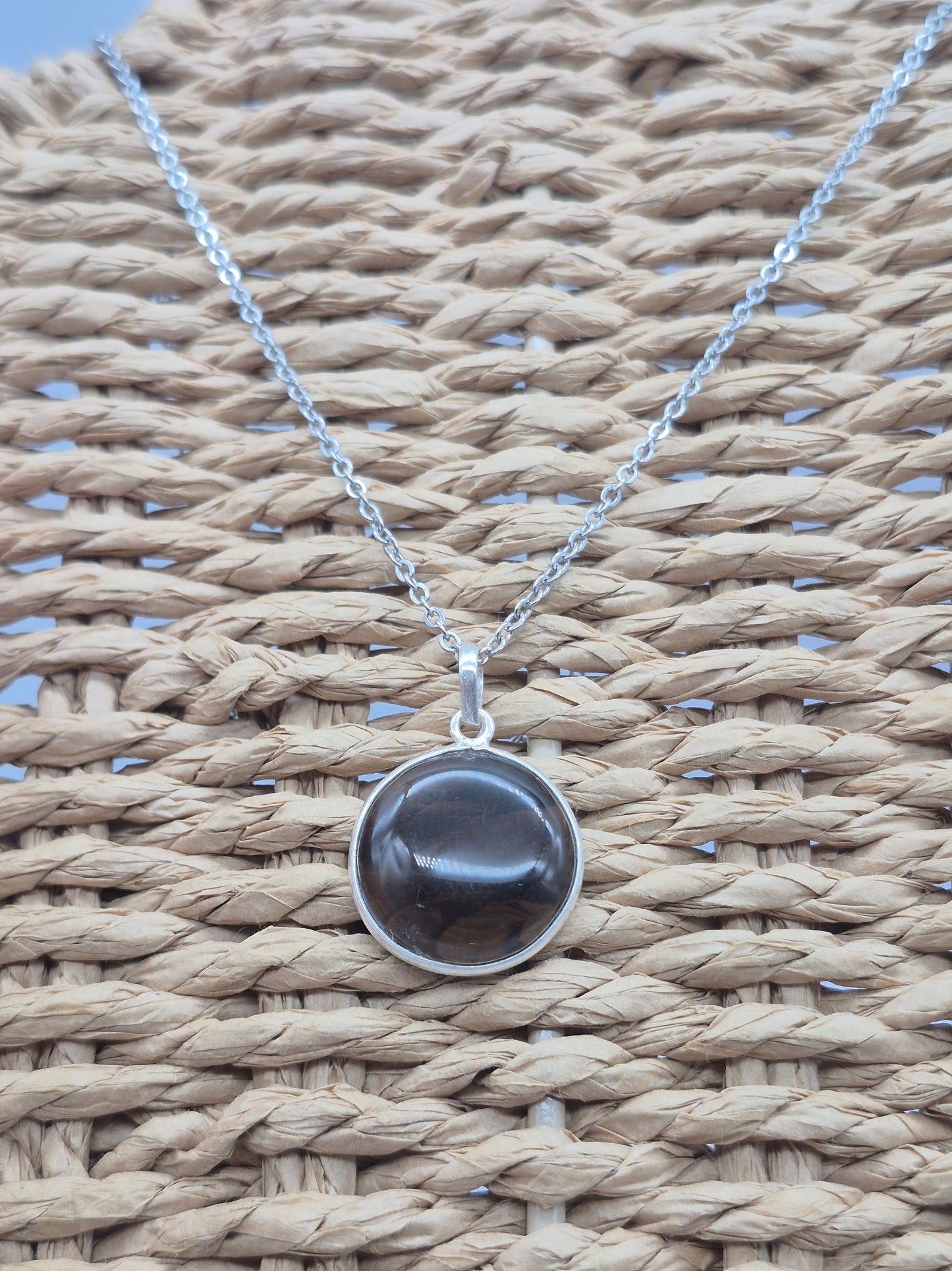 Smoked Quartz  Silver 925 Round Pendant Oval Cabochon Crystal