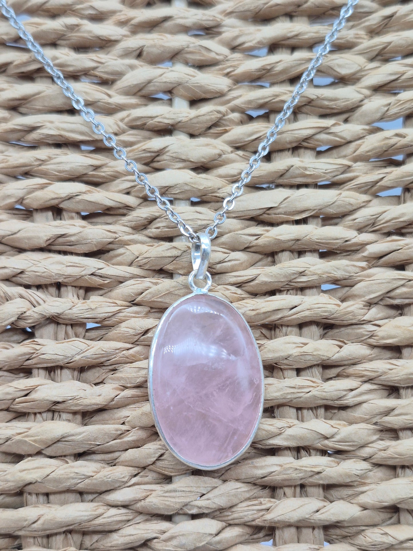 Rose Quartz Silver Necklace: Crystal Pendant with Stainless Steel Chain