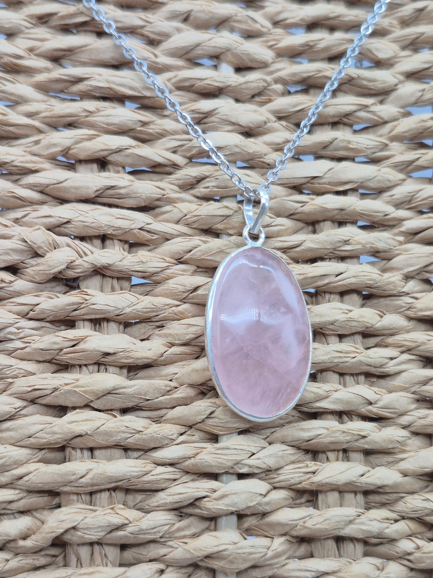 Rose Quartz Silver Necklace: Crystal Pendant with Stainless Steel Chain
