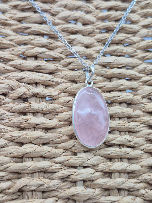 Rose Quartz Silver Necklace: Crystal Pendant with Stainless Steel Chain