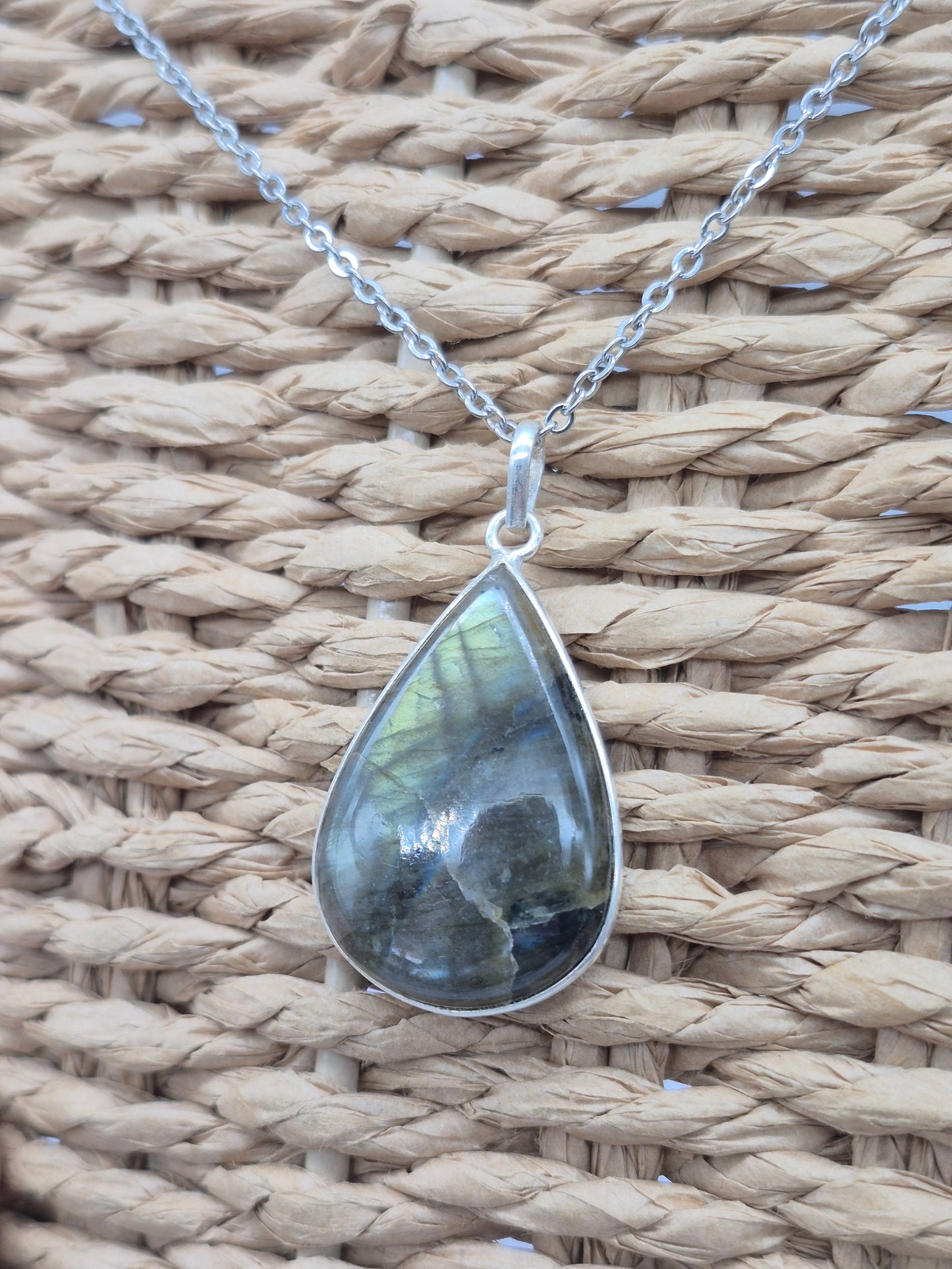 Labradorite Teardrop Shaped Silver 925 Necklace with Steel Chain