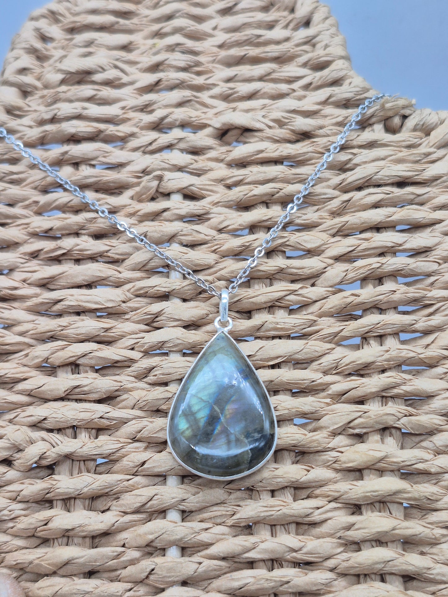 Labradorite Teardrop Shaped Silver 925 Necklace with Steel Chain
