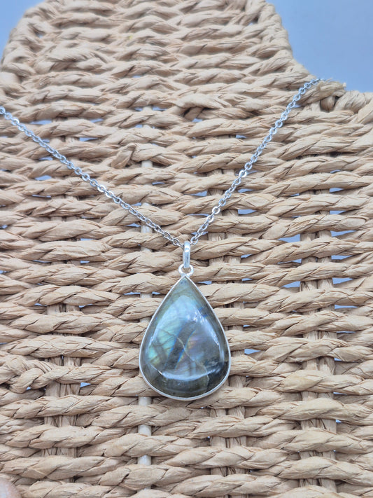 Labradorite Teardrop Shaped Silver 925 Necklace with Steel Chain