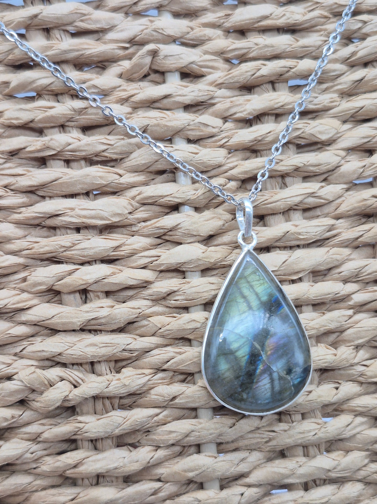 Labradorite Teardrop Shaped Silver 925 Necklace with Steel Chain