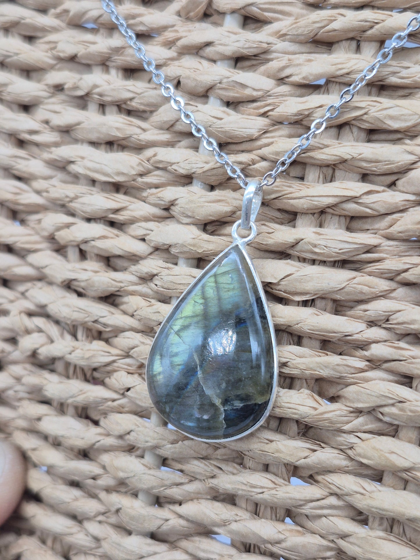 Labradorite Teardrop Shaped Silver 925 Necklace with Steel Chain