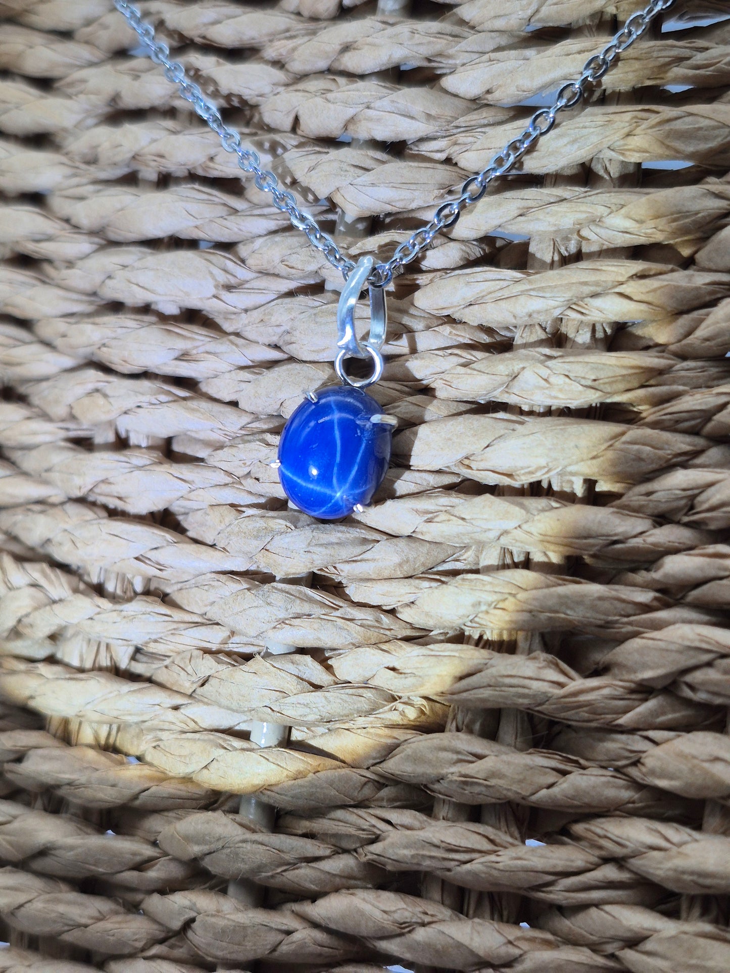 Blue Star Sapphire Silver 925 Bezel Necklace with Steel Chain, Gemstone Necklace for Him and for Her