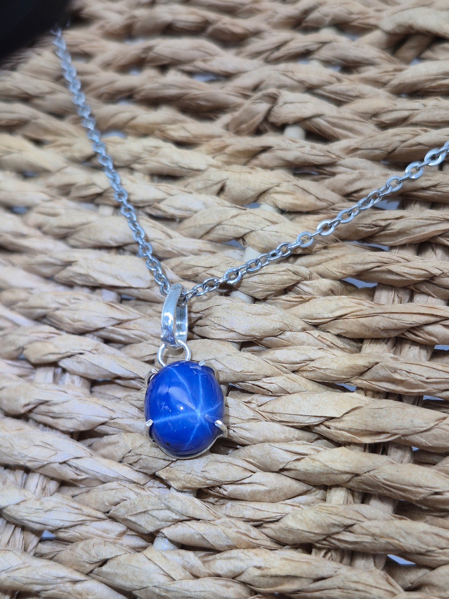 Blue Star Sapphire Silver 925 Bezel Necklace with Steel Chain, Gemstone Necklace for Him and for Her