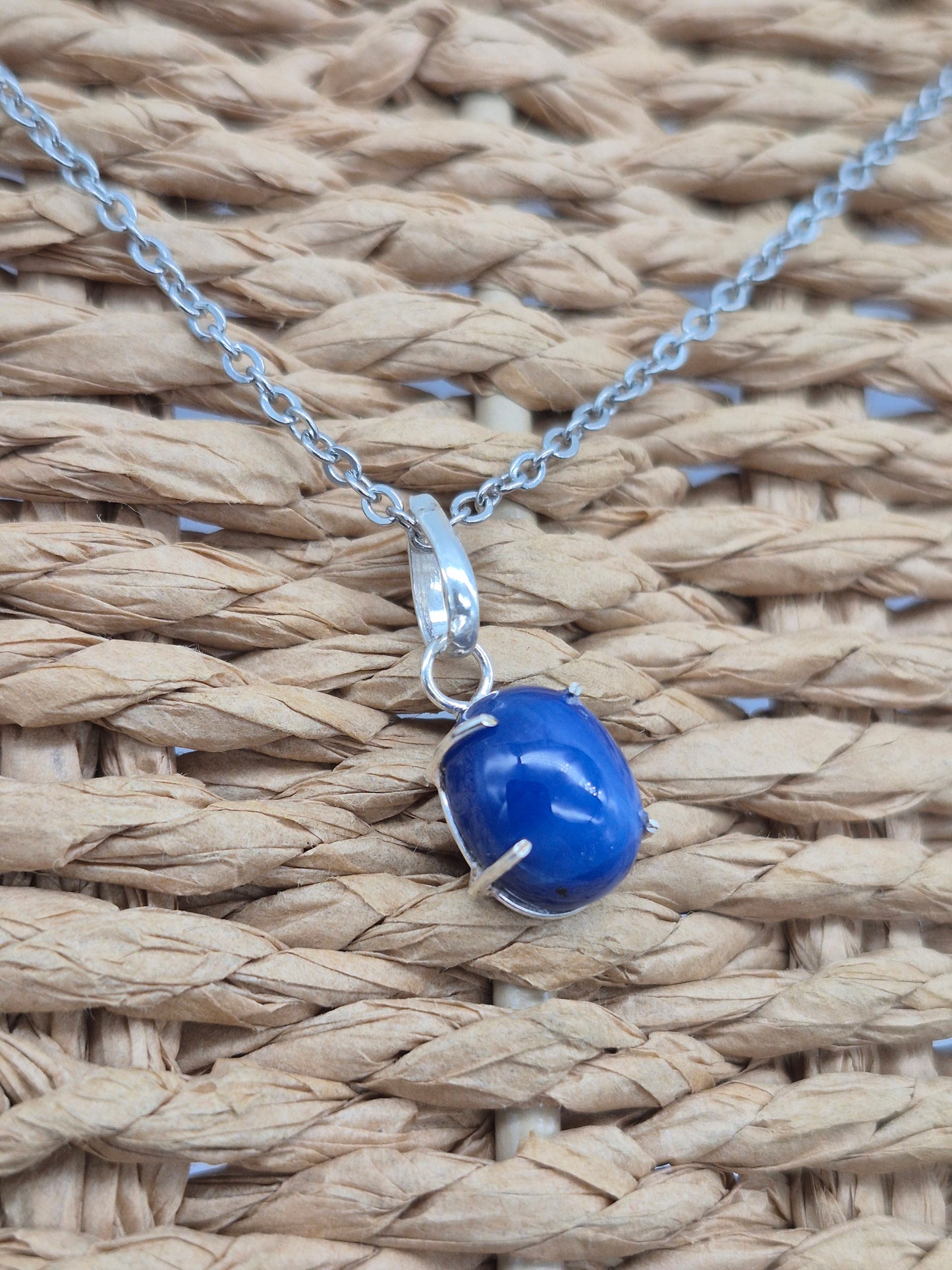 Blue Star Sapphire Silver 925 Bezel Necklace with Steel Chain, Gemstone Necklace for Him and for Her