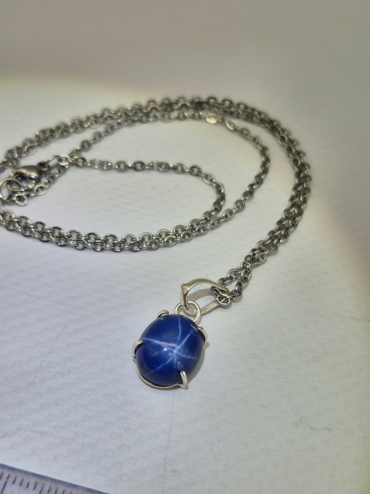 Blue Star Sapphire Silver 925 Bezel Necklace with Steel Chain, Gemstone Necklace for Him and for Her
