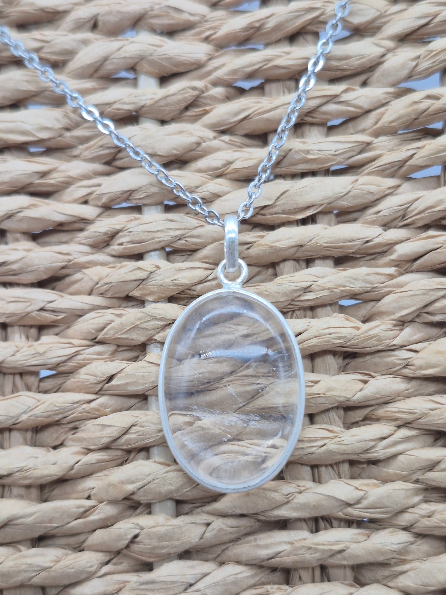 Clear Quartz Oval Necklace – Crystal Pendant in Silver Bezel with Stainless Steel Chain