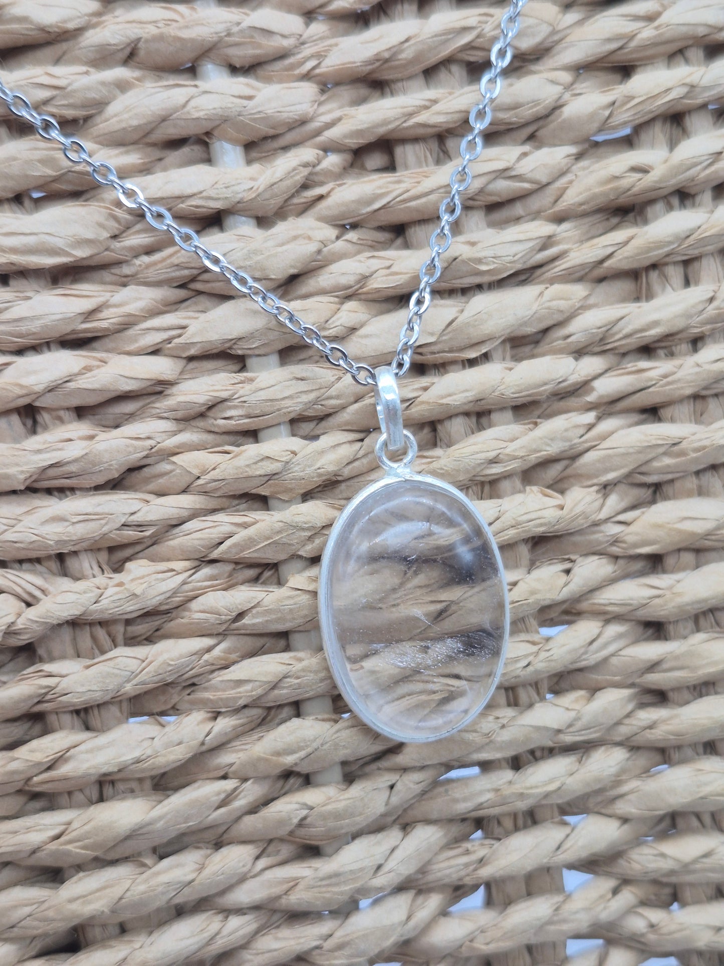 Clear Quartz Oval Necklace – Crystal Pendant in Silver Bezel with Stainless Steel Chain