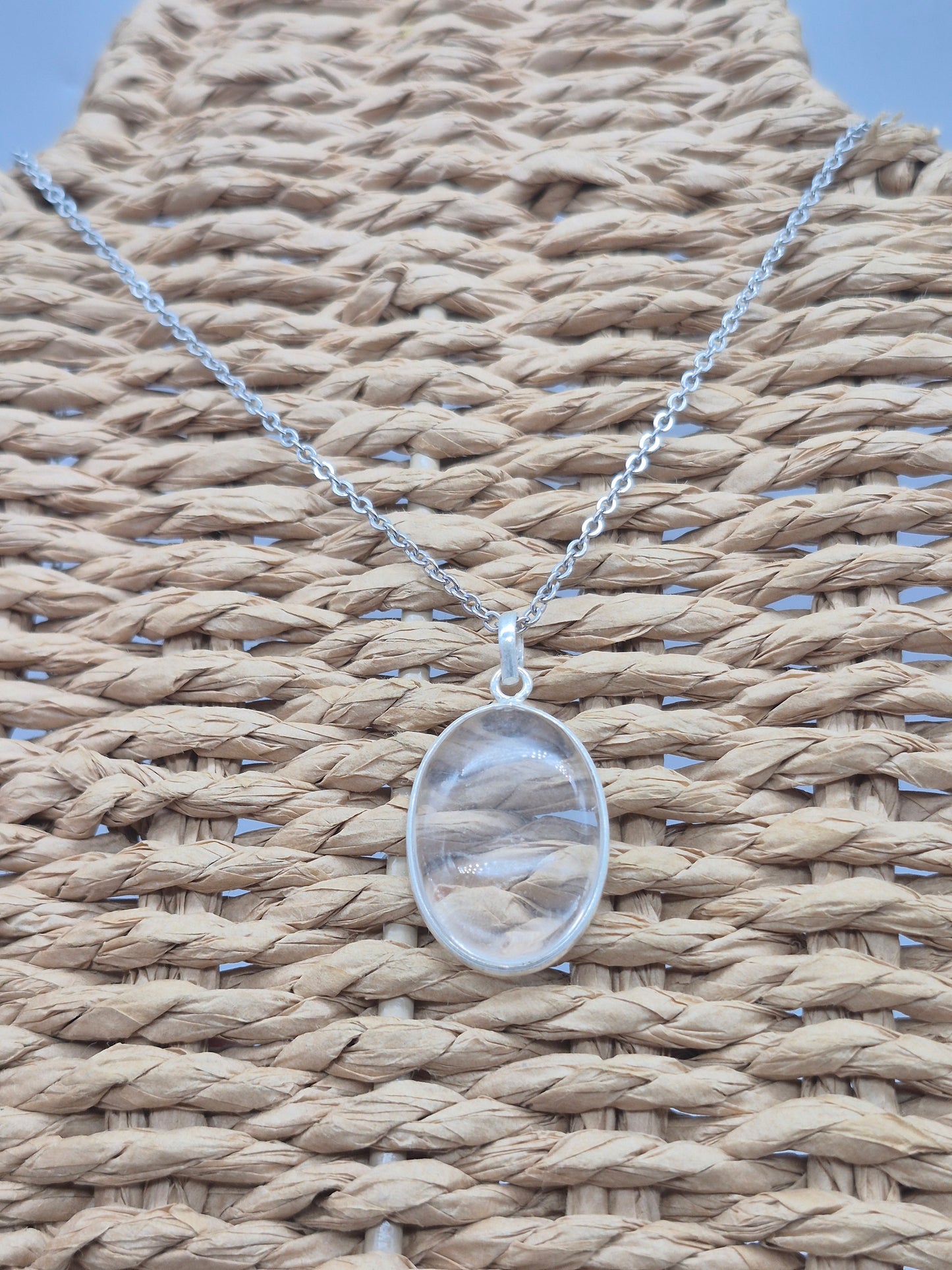 Clear Quartz Oval Necklace – Crystal Pendant in Silver Bezel with Stainless Steel Chain