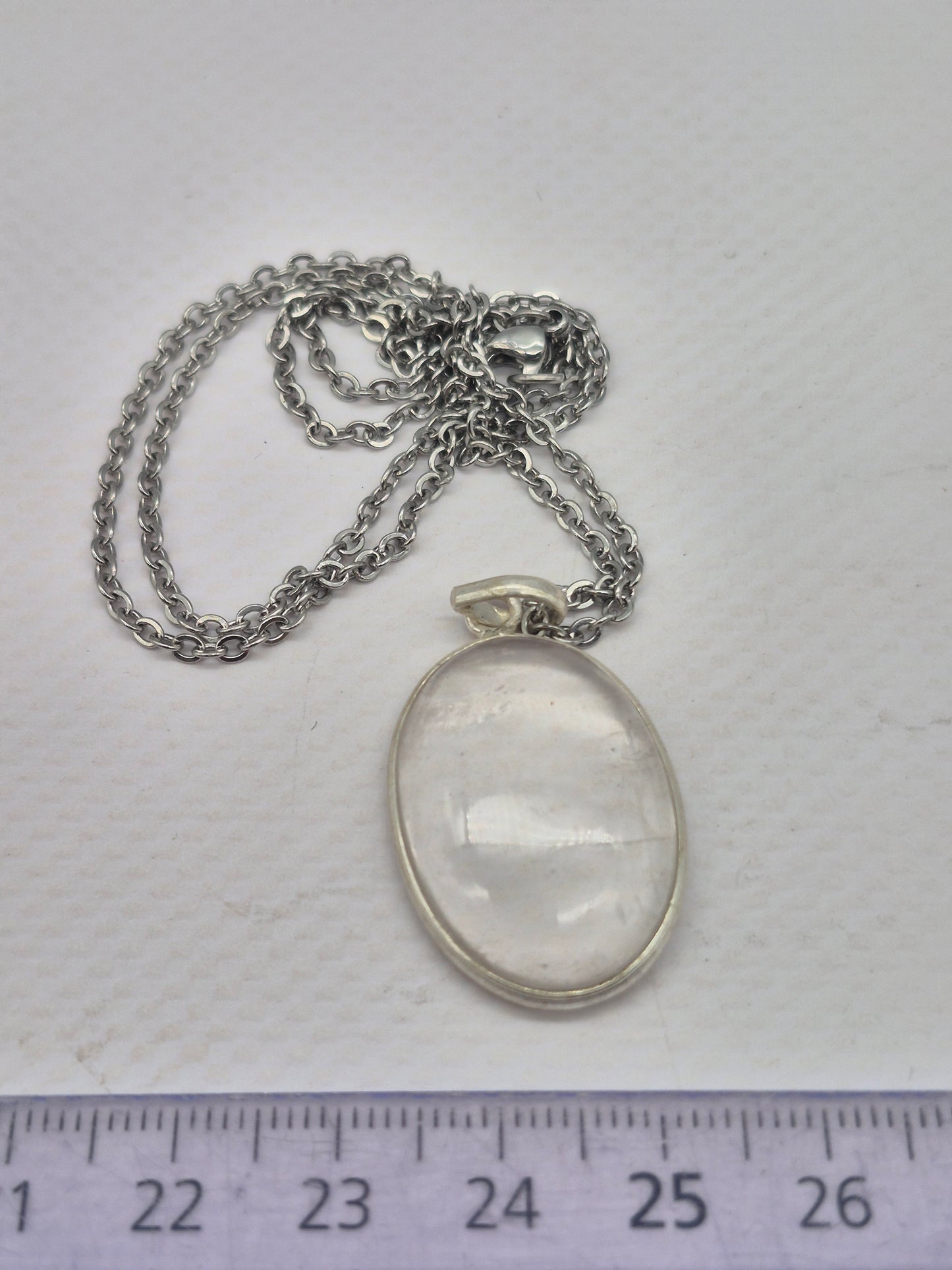 Clear Quartz Oval Necklace – Crystal Pendant in Silver Bezel with Stainless Steel Chain