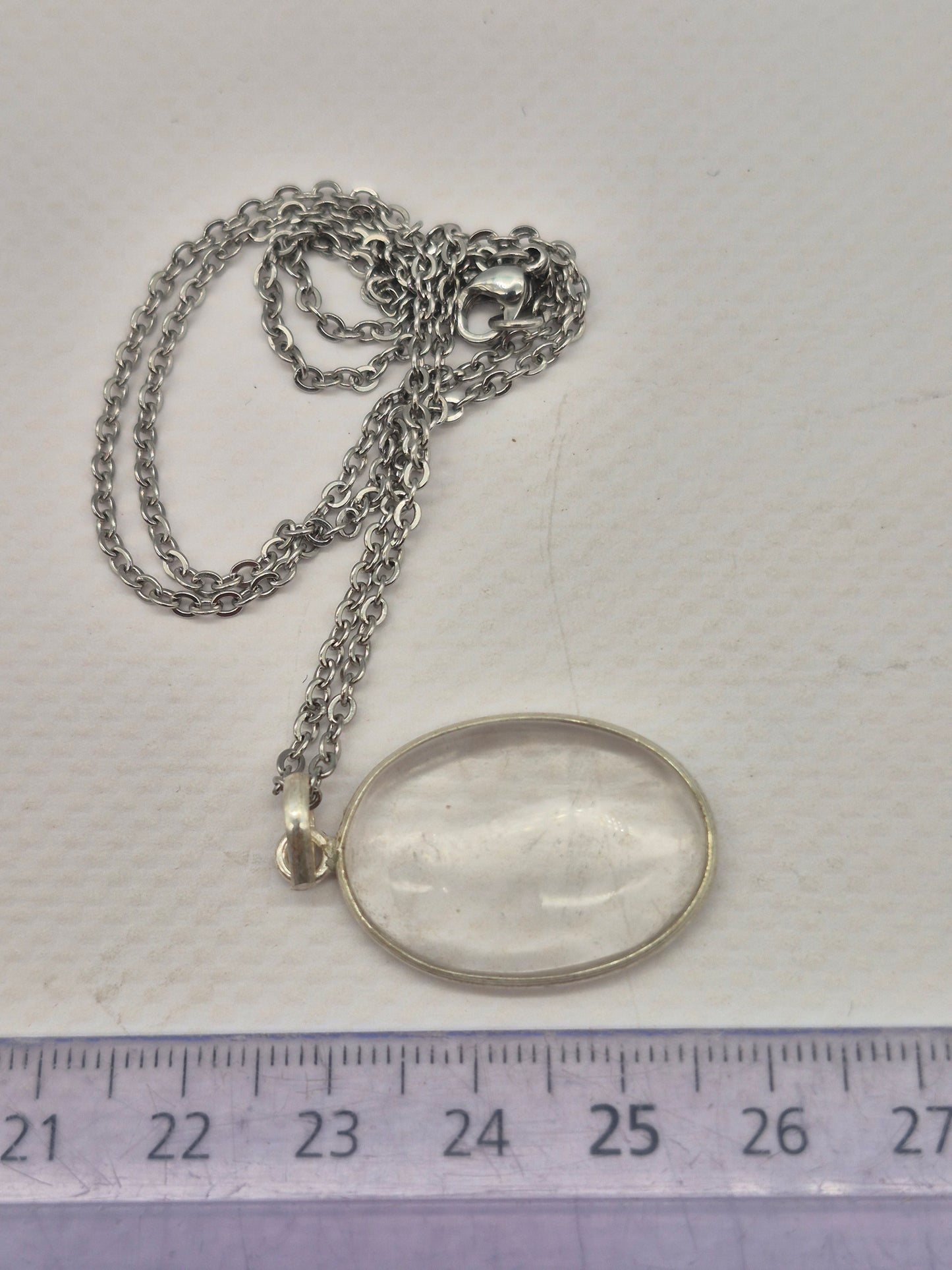 Clear Quartz Oval Necklace – Crystal Pendant in Silver Bezel with Stainless Steel Chain