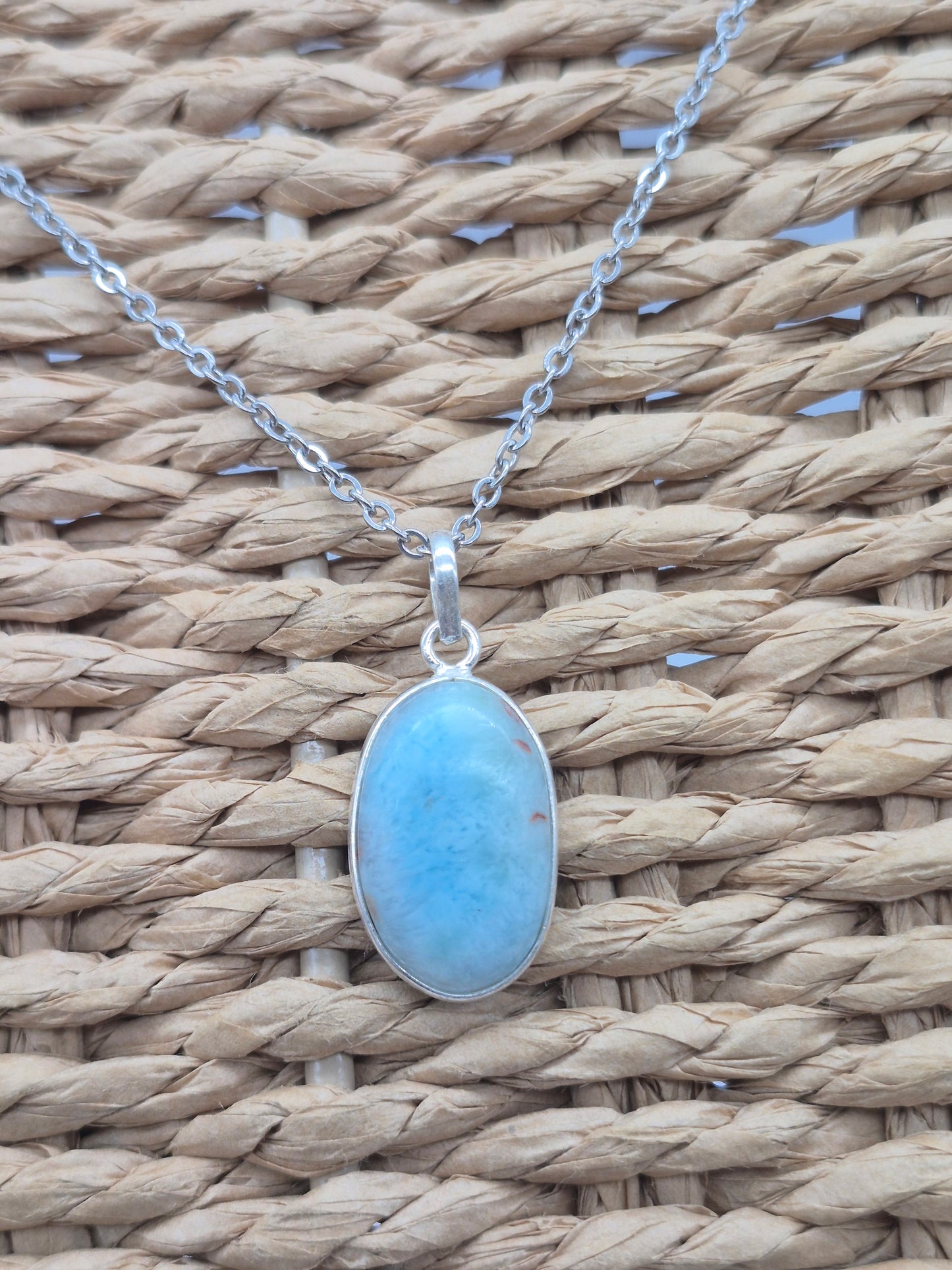 Larimar Silver 925 Oval Necklace – Larimar Pendant in Silver Bezel with Stainless Steel Chain